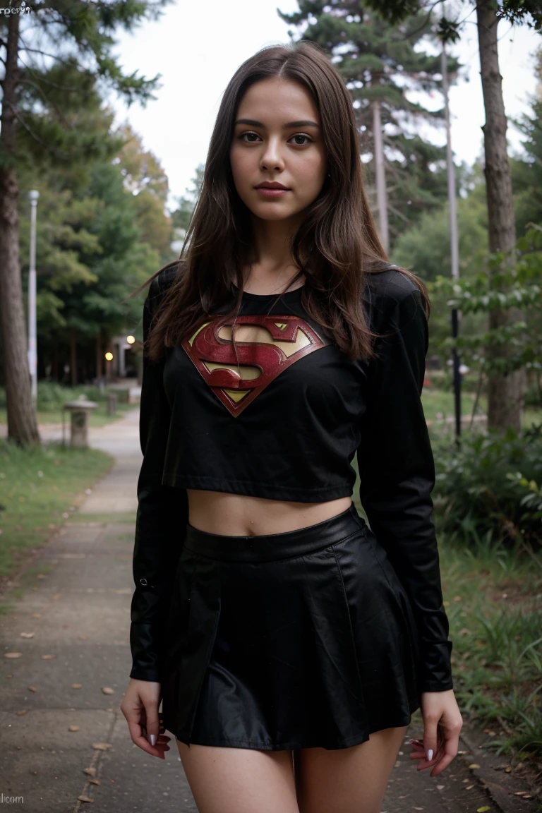 Photo d' : cute brunette. She wear a black vynil superman costume and a black skirt. She is standind . She is in dark forest.
