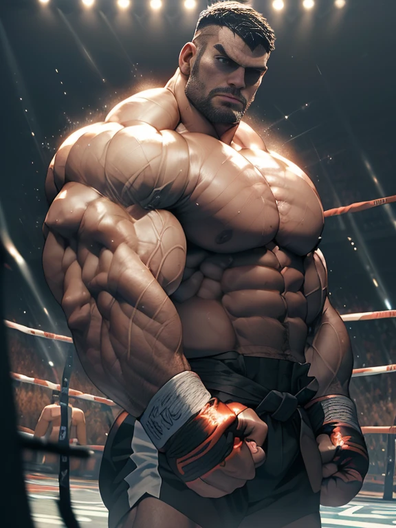 3D Photorealistic, Masterpiece realistic, best high quality, perfect details, RAW Photo, intricate details, nice lighting, 4K, detailed background, In the championship boxing match, A determined muscular boxing champion ready for an intense boxing fight. muscular 45-year-old man, perfect wrinkle, wearing prideful championship belt. His faces is marked with grit and determination, muscles intense. Crowded audiences and nice lighting, serving as a championship battleground. The banner signs overhead cast a surreal, flickering glow, adding to the atmosphere of raw energy. He stands firms in powerful boxing stances, as the fight will start in a second. Unnoticed by the world beyond. It's a fight born of pride, rivalry, or perhaps a deeper conflict and pride, and it rages on with an intensity that can only be found in the unforgiving boxing stadium of the city. Intricate details, details of physic muscle, perfect body anatomy, perfect hand anatomy. hot beard, (look at viewer:1.6)