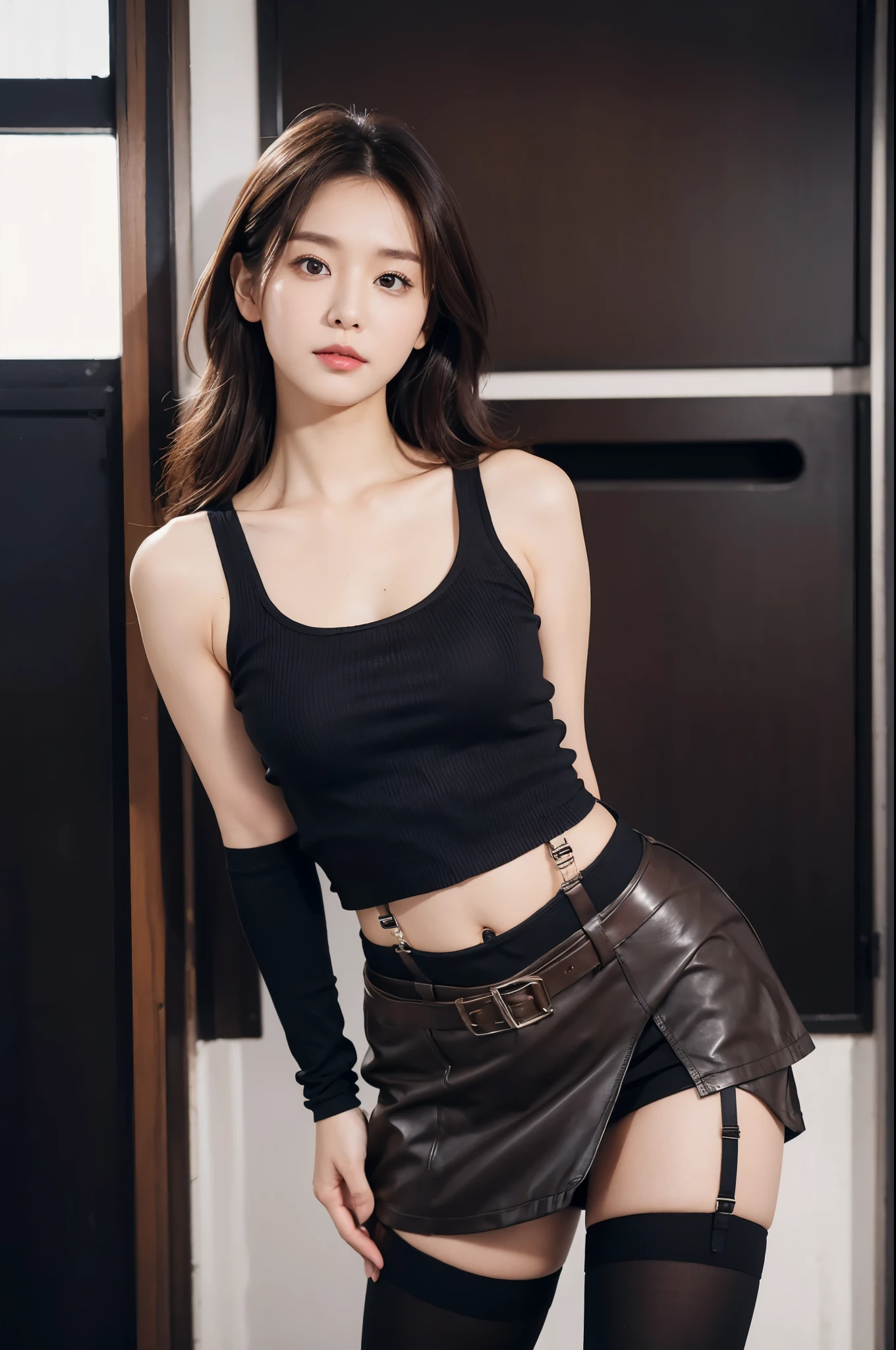 Brown hair、watching at viewers　　suspenders　　　Bulging big breasts　　 　 　　　　Black miniskirt　garterbelts　knee high socks　　　　　　Gaze　　　Small face　bangss 　　　　　Beautuful Women　　hands up　　 　Gaze 　Black boots 　provocation　　Armpit sweat　soio 　　Fold your hands behind your back　Tank tops