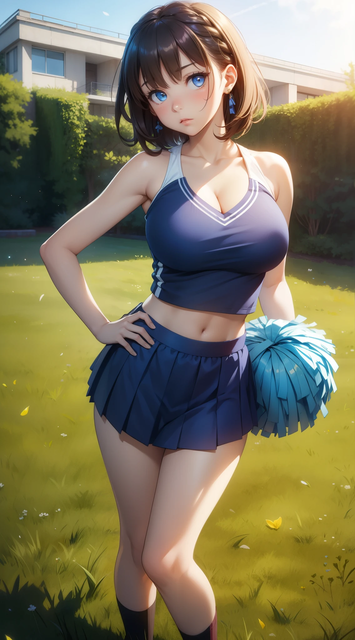 1girl, natural lighting, masterpiece, highly detailed, illustration, game CG, absurdres, high quality, glossy lips, aichan, large breasts, blue eyes, beautiful detailed eyes, short brown hair, side braid, standing, cheerleader, cleavage, midriff, hand on hip, annoyed, grass
