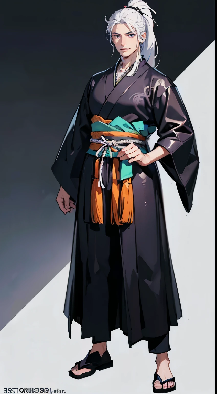 ((masterpiece,best quality,8k,highres)),((character concept art)), 1 male, middle- man, Wind God, 190cm height, straight hair, ponytail, (white hair colour), ultra finely detailed eyes (purple eyes colour), extraordinary handsome, charming, (smirk smile), athlete body build ((muscular)), ((intricate detail)), super finely detailed hands, ultra finely detailed fingers(((ten fingers))), japanese kimono outfit (black colour outfit)(stylish), necklace, (standing still), (full body showcase), (show full body), (no logos on background), (no logo), ((plain background)), ((plain background)), (((empty background)))