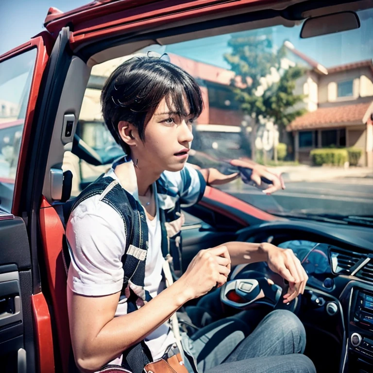 A boy with car drink red vine stret