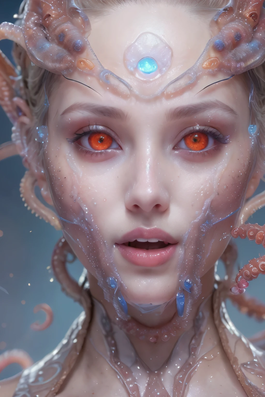 Portrait, (beautiful female alien:1.2), (she has red eyes with no pupils:1.8), (Translucent skin:1.7), (There is a female genital-like organ in the middle of the forehead:1.9), (The most beautiful face in the history of the universe:1.2),an evil gaze that seduces, (large mouth:1.1), (sharp teeth like a vampire:1.2), Full body like, (bio luminescent:1.5), (Smile wickedly:1.3), (sexypose:1.5), alien, No humans, cells are fused, (Lots of translucent tentacles:1.3) extraterrestrial, cell, bio image, Best Quality, 8K,4K_quality, High Definition, Dramatic Lighting, masutepiece:1.5,cinematic quality, detail up, (Intricate details:1.2), High resolution, High Definition, drawing faithfully, (Thick eyebrows:1.2), Beautiful eyes with fine symmetry,(Highly detailed face and eyes:1.2), Intimate face, (Super detailed skin quality feeling:1.4), Perfect Anatomy, (Beautiful toned body:1.5), (Moist skin:1.2), No makeup, (dark circles:1.1), long canines, cinematic drawing of characters, ultra high quality model, cinematic quality, detail up, (Intricate details:1.2), High resolution, High Definition, drawing faithfully, Official art, Unity 8K wall , 8K Portrait, Best Quality, Very High resolution, ultra detailed artistic photography, midnight aura, unreal enginee 5, Ultra Sharp Focus, art by alberto seveso, ArtGerm, Roisch, intricate artwork, best quality, masutepiece, ultra High resolution, (photos realistic:1.4), Ultra-realistic realism, dream-like, nautilus, Creation of fantasy, Snail, Dream Snail, biopunk nautilus, Thrilling color schemes, Ultra-realistic realism, seductively smiling, Blue tentacles,