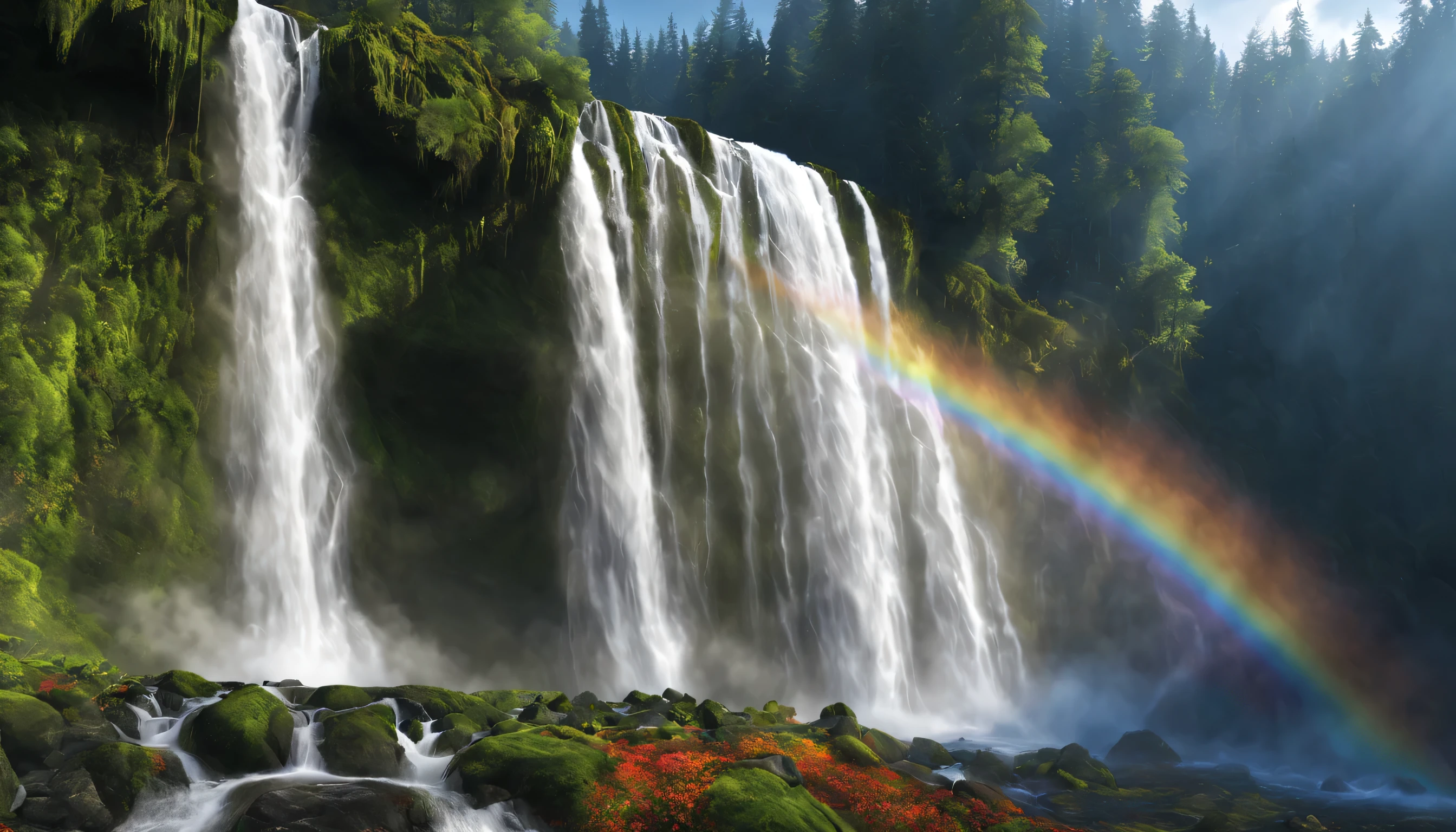 Prismatic Waterfall: A waterfall cascades down a moss-covered cliff, its waters refracting light into a vibrant spectrum of colors. Render a RAW landscape masterpiece, showcasing the stunning interplay of water, light, and color, and the lush, vibrant textures of the surrounding forest. (Best HD detailed, High quality, 32k)
