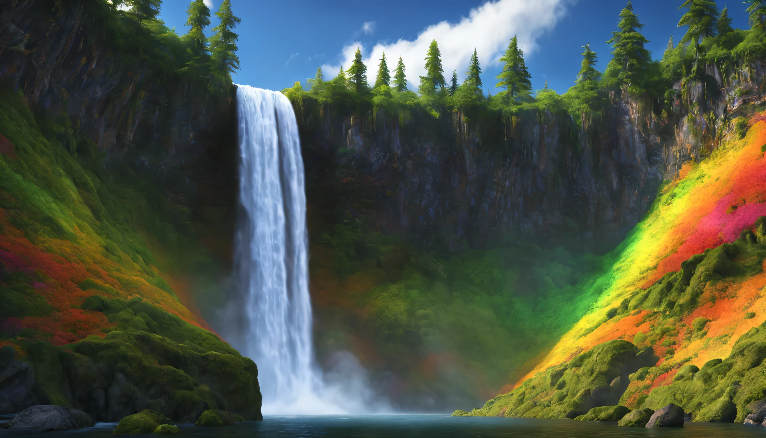 Prismatic Waterfall: A waterfall cascades down a moss-covered cliff, its waters refracting light into a vibrant spectrum of colors. Render a RAW landscape masterpiece, showcasing the stunning interplay of water, light, and color, and the lush, vibrant textures of the surrounding forest. (Best HD detailed, High quality, 32k)