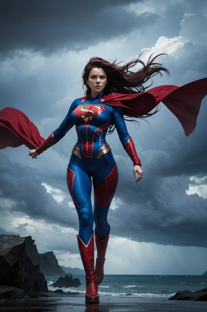 The image features a woman dressed in a blue and red superhero costume, standing confidently in front of a stormy sky. She appears to be a powerful and fearless character, ready to face any challenges that come her way. The woman's hair is blowing in the wind, adding to the dramatic atmosphere of the scene. The costume is tight-fitting and designed to showcase her strength and agility.
