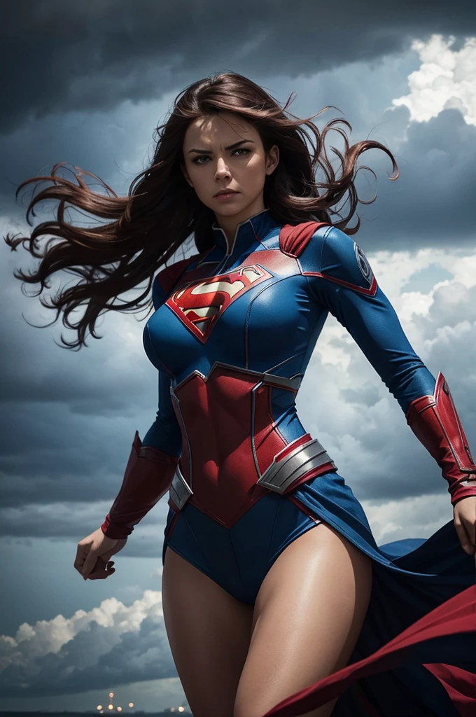 The image features a woman dressed in a blue and red superhero costume, standing confidently in front of a stormy sky. She appears to be a powerful and fearless character, ready to face any challenges that come her way. The woman's hair is blowing in the wind, adding to the dramatic atmosphere of the scene. The costume is tight-fitting and designed to showcase her strength and agility.