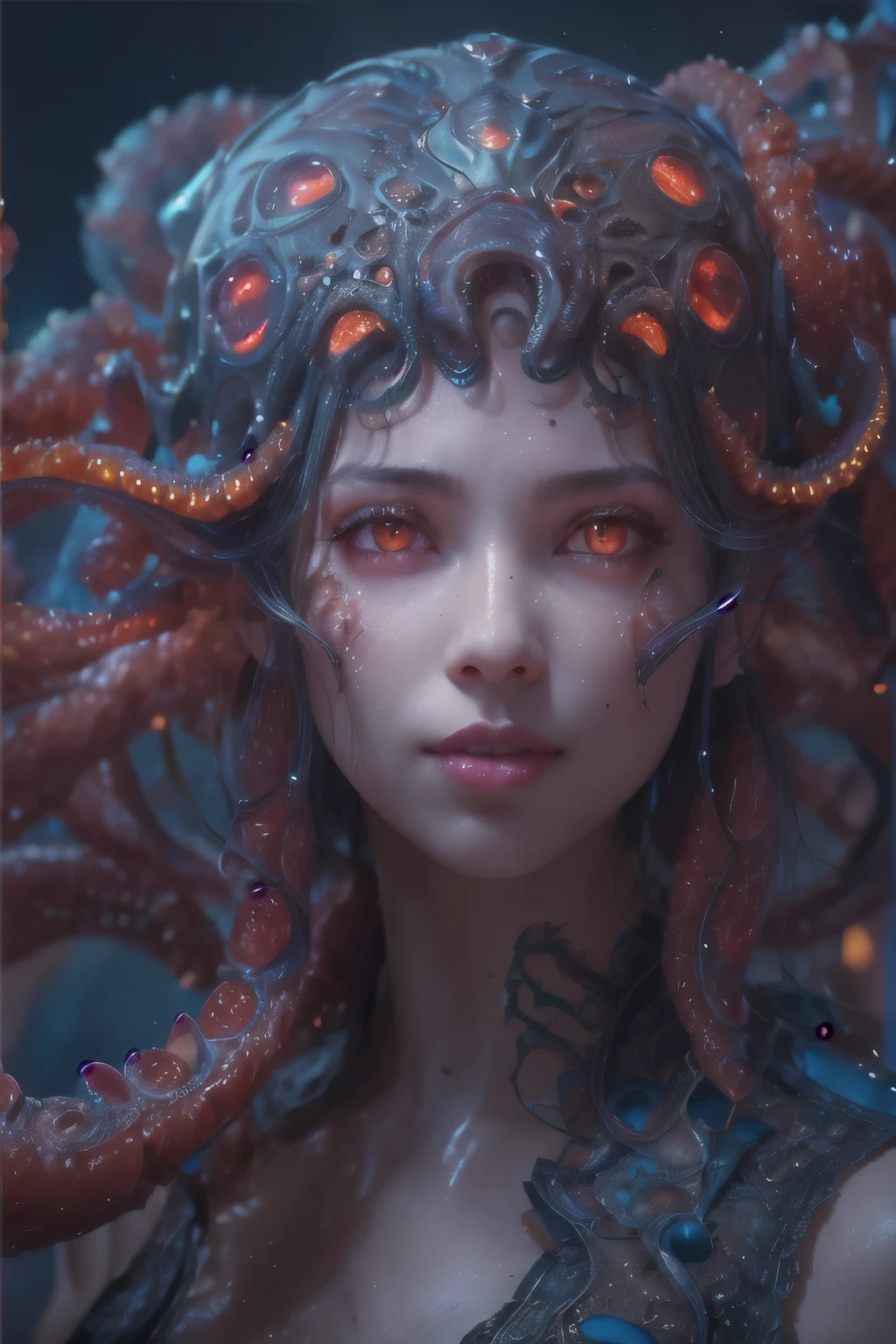Portrait, (beautiful female alien:1.2), (she has red eyes with no pupils:1.8), (Translucent skin:1.7), (There is a female genital-like organ in the middle of the forehead:1.9), (The most beautiful face in the history of the universe:1.2),an evil gaze that seduces, (large mouth:1.1), (sharp teeth like a vampire:1.2), Full body like, (bio luminescent:1.5), (Smile wickedly:1.3), (sexypose:1.5), alien, No humans, cells are fused, (Lots of translucent tentacles:1.3) extraterrestrial, cell, bio image, Best Quality, 8K,4K_quality, High Definition, Dramatic Lighting, masutepiece:1.5,cinematic quality, detail up, (Intricate details:1.2), High resolution, High Definition, drawing faithfully, (Thick eyebrows:1.2), Beautiful eyes with fine symmetry,(Highly detailed face and eyes:1.2), Intimate face, (Super detailed skin quality feeling:1.4), Perfect Anatomy, (Beautiful toned body:1.5), (Moist skin:1.2), No makeup, (dark circles:1.1), long canines, cinematic drawing of characters, ultra high quality model, cinematic quality, detail up, (Intricate details:1.2), High resolution, High Definition, drawing faithfully, Official art, Unity 8K wall , 8K Portrait, Best Quality, Very High resolution, ultra detailed artistic photography, midnight aura, unreal enginee 5, Ultra Sharp Focus, art by alberto seveso, ArtGerm, Roisch, intricate artwork, best quality, masutepiece, ultra High resolution, (photos realistic:1.4), Ultra-realistic realism, dream-like, nautilus, Creation of fantasy, Snail, Dream Snail, biopunk nautilus, Thrilling color schemes, Ultra-realistic realism, seductively smiling, Blue tentacles,