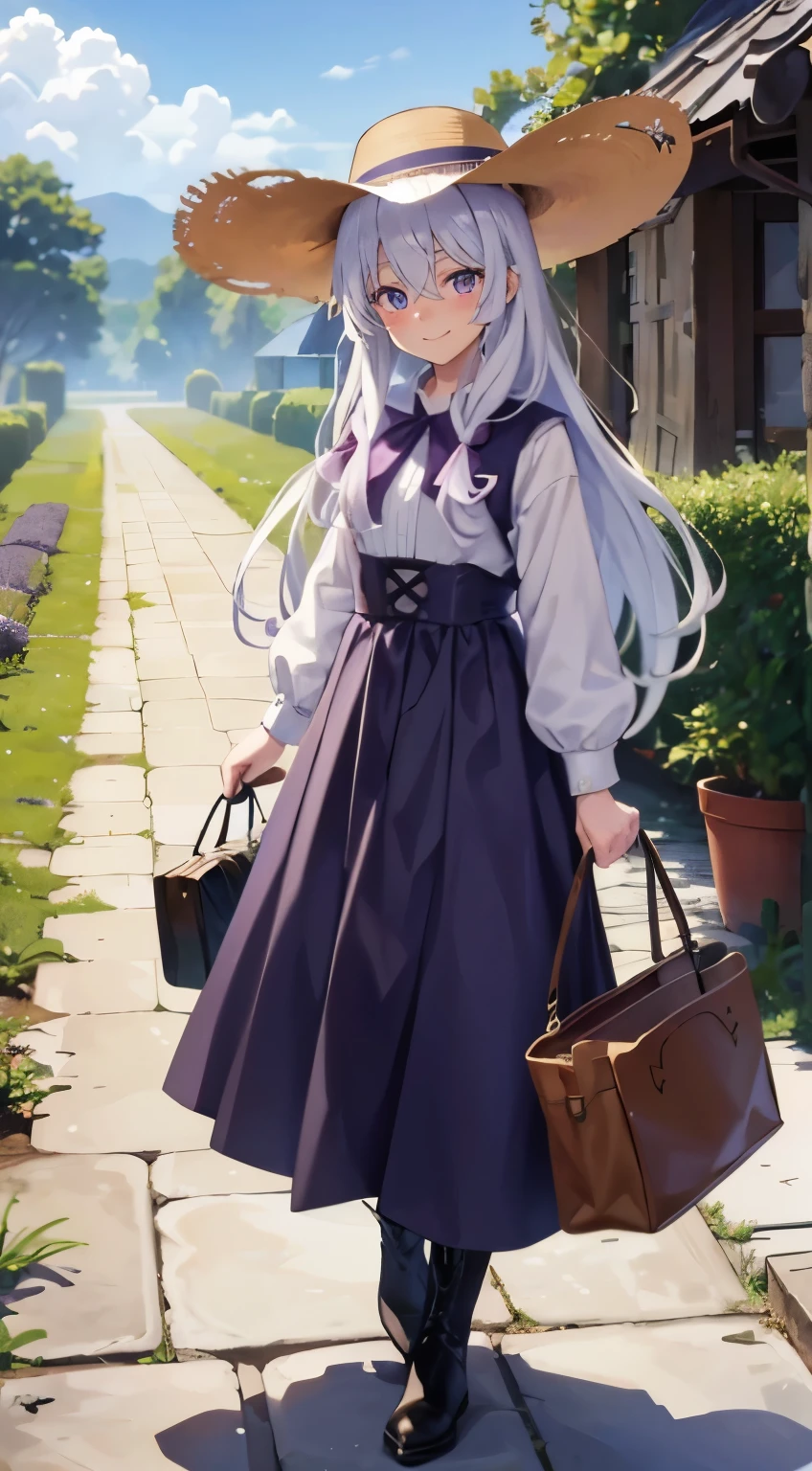 Masterpiece, 4k, hd, elaina (majo no tabitabi), beautiful, Farmer , white hair, long hair, Crested, hair between eyes, solo, purple eyes, Gardening clothes , clothes, farmer hat, open clothes, boot, bag, smile, blushing, looking at viewer, stand, Selfi style, full image