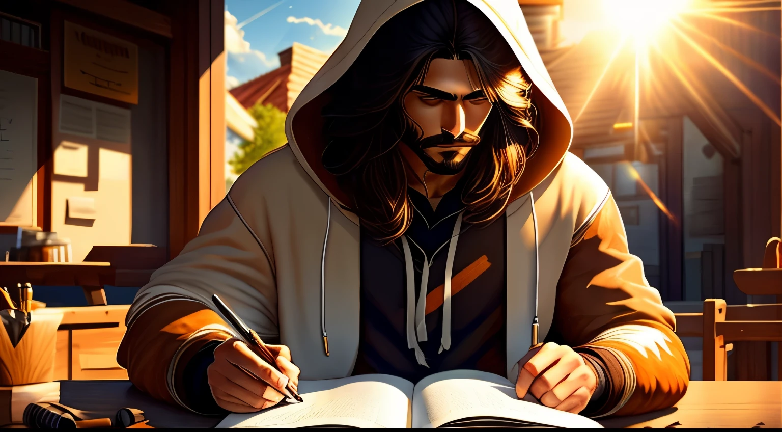 a guy with medium long hair , light facial hair , brown, wearing white hoodie , on a sunny day writing a journal , cinematic sun light abstract , artistic