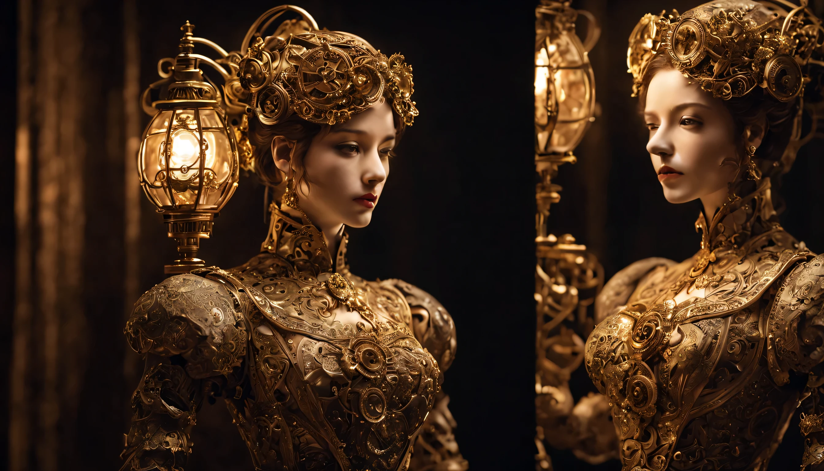 Mechanical Elegance: A clockwork automaton, crafted with intricate gears and delicate golden filigree, stands motionless yet captivating in a dimly lit workshop. Create a RAW portrait masterpiece, focusing on the intricate details of its construction, the soft glow of the lamplight, and the sense of mechanical beauty and artistry. (Best HD detailed, High quality, 32k)