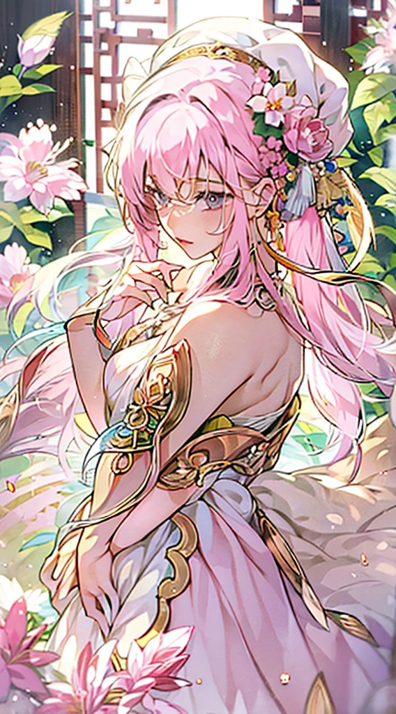 (masterpiece), best quality, high resolution, ultra-detailed, character close-up, a Chinese style white beautiful dress, Chinese elegant dress, exquisite details, cheongsam beautiful and elegant, colorful and lustrous, dress floating, dramatic angle, close natural (close-up), koi, warm colors like sunlight focus Personal warm, champagne, details are highlighted, extra long ribbon, Open, full body, many detailed elements, pink petals, sunlight on the skin, glorious, hairpins, hydrangeas, boudoirs.