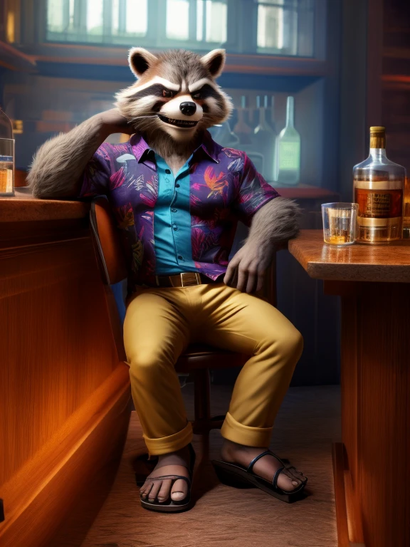 Rocket Racoon, MCU style, full figure, in a Hawaiian shirt and long pants, wears sandals, drinks whiskey, drunk, sleepy, dark brown and gray and white fur