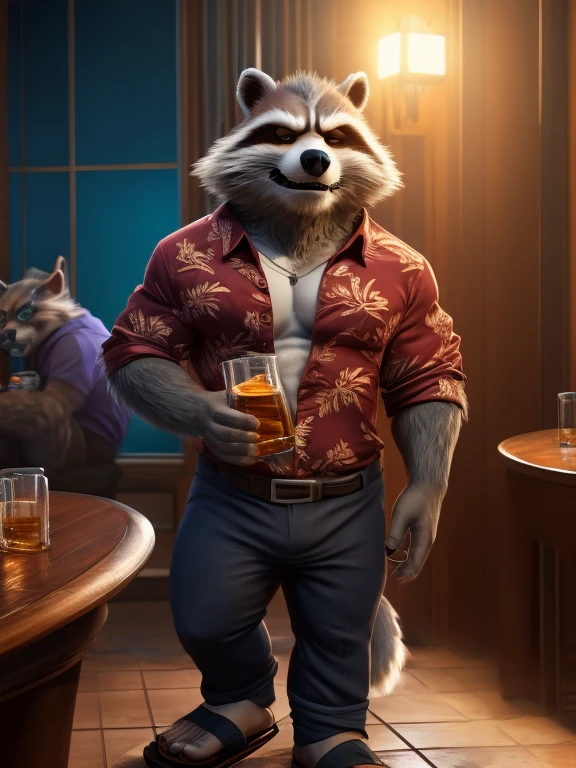 Rocket Racoon, MCU style, full figure, in a Hawaiian shirt and long pants, wears sandals, drinks whiskey, drunk, sleepy, dark brown and gray and white fur