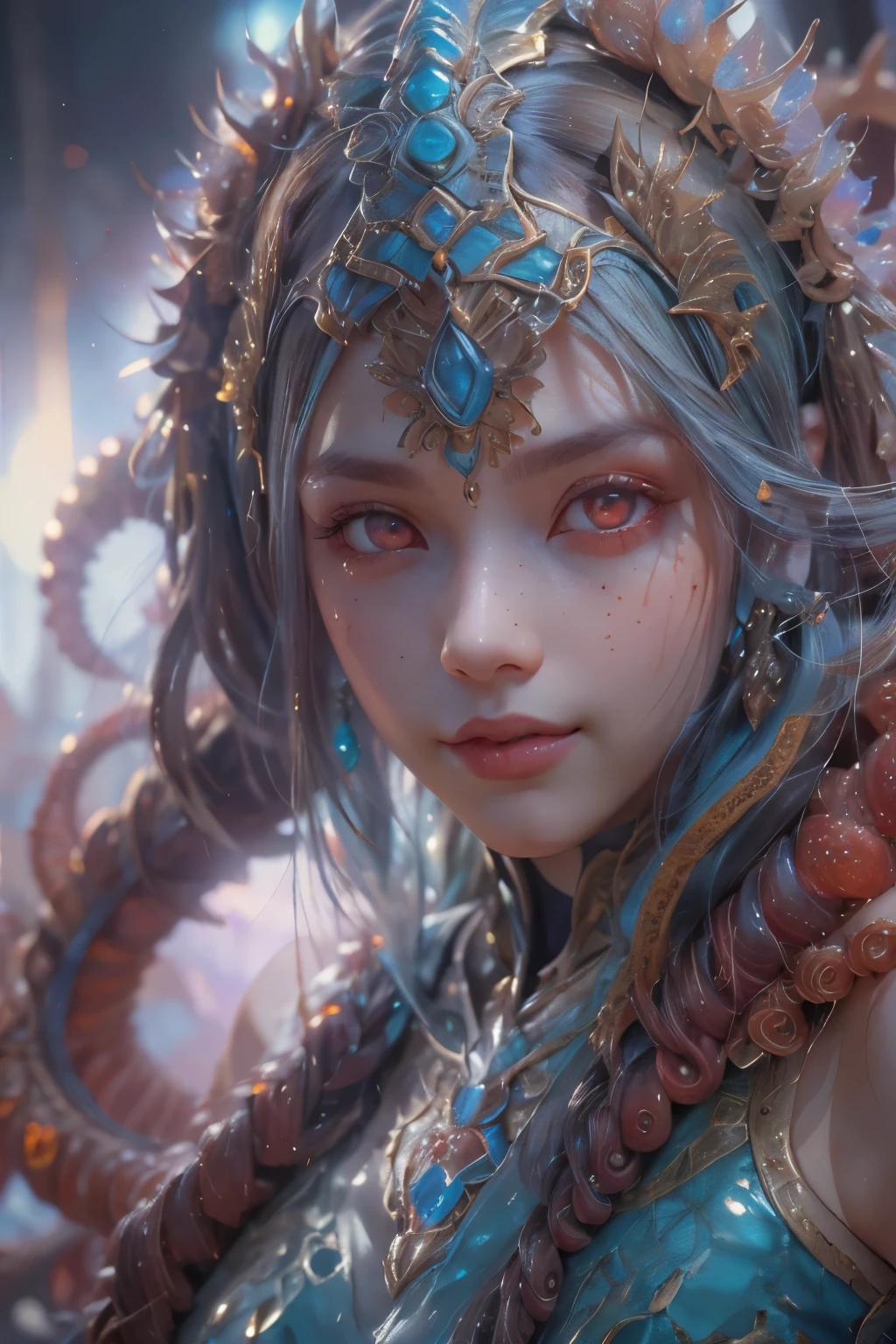 Portrait, (beautiful female alien:1.2), (she has red eyes with no pupils:1.8), (Translucent skin:1.7), (There is a female genital-like organ in the middle of the forehead:1.9), (The most beautiful face in the history of the universe:1.2),an evil gaze that seduces, (large mouth:1.1), (sharp teeth like a vampire:1.2), Full body like, (bio luminescent:1.5), (Smile wickedly:1.3), (sexypose:1.5), alien, No humans, cells are fused, (Lots of translucent tentacles:1.3) extraterrestrial, cell, bio image, Best Quality, 8K,4K_quality, High Definition, Dramatic Lighting, masutepiece:1.5,cinematic quality, detail up, (Intricate details:1.2), High resolution, High Definition, drawing faithfully, (Thick eyebrows:1.2), Beautiful eyes with fine symmetry,(Highly detailed face and eyes:1.2), Intimate face, (Super detailed skin quality feeling:1.4), Perfect Anatomy, (Beautiful toned body:1.5), (Moist skin:1.2), No makeup, (dark circles:1.1), long canines, cinematic drawing of characters, ultra high quality model, cinematic quality, detail up, (Intricate details:1.2), High resolution, High Definition, drawing faithfully, Official art, Unity 8K wall , 8K Portrait, Best Quality, Very High resolution, ultra detailed artistic photography, midnight aura, unreal enginee 5, Ultra Sharp Focus, art by alberto seveso, ArtGerm, Roisch, intricate artwork, best quality, masutepiece, ultra High resolution, (photos realistic:1.4), Ultra-realistic realism, dream-like, nautilus, Creation of fantasy, Snail, Dream Snail, biopunk nautilus, Thrilling color schemes, Ultra-realistic realism, seductively smiling, Blue tentacles,
