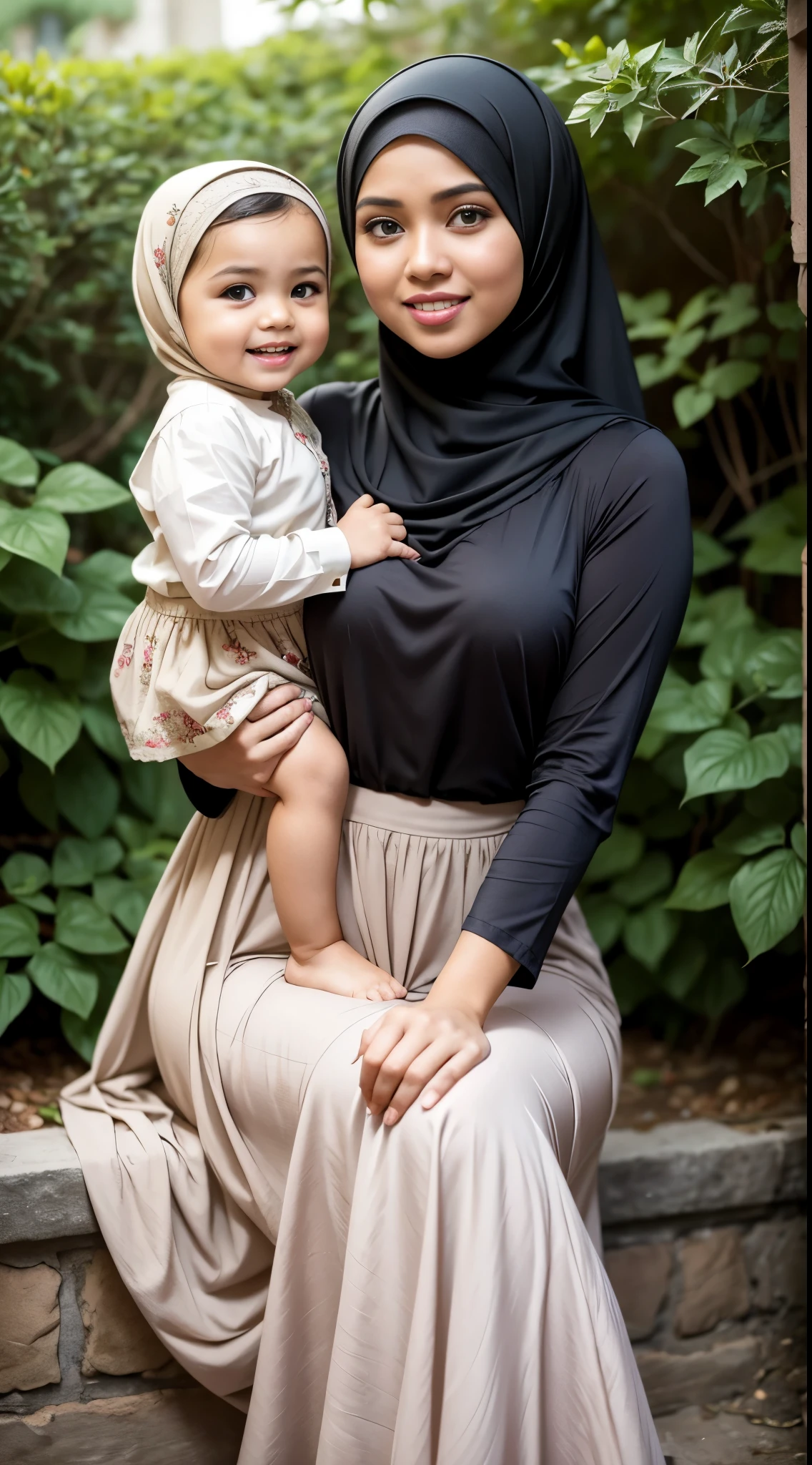 RAW, Best quality, high resolution, work: 1.3, beautiful Malay woman in hijab, beautiful big eyes, smiling, beautiful face, shiny lips, soft smile, medium portrait, watery eyes, big breasts, woman in skirt and beige blouse, long skirt dress, sitting, posing seductively and sexy in front of the camera with baby, with ivy, katelynn mini cute style,, malay, hijab, with a kid, old picture,  a background behind garden flower (bokeh) ,  flowing dress, sophisticated dress, with teal clothes, multi-layered clothes, fully covered dress, brown dress, graceful dress, wearing an elegant dress, women's long dress, she  wearing a skirt and beige blouse, long skirt ,