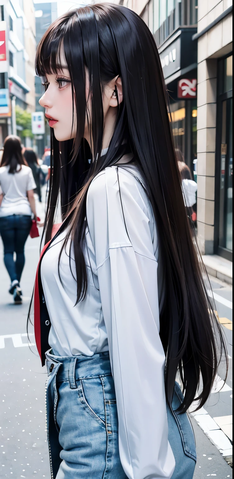profile photo, Asian Women, In plain clothes、Harajuku、Street fashion、A detailed face、A detailed eye、Detailed skin、enticing eyes 、lean figure、thin-waist、middlebreasts、long legged、view the viewer、art by:sergio lopez, natalie shau, James Jean and Salvador Dali,)