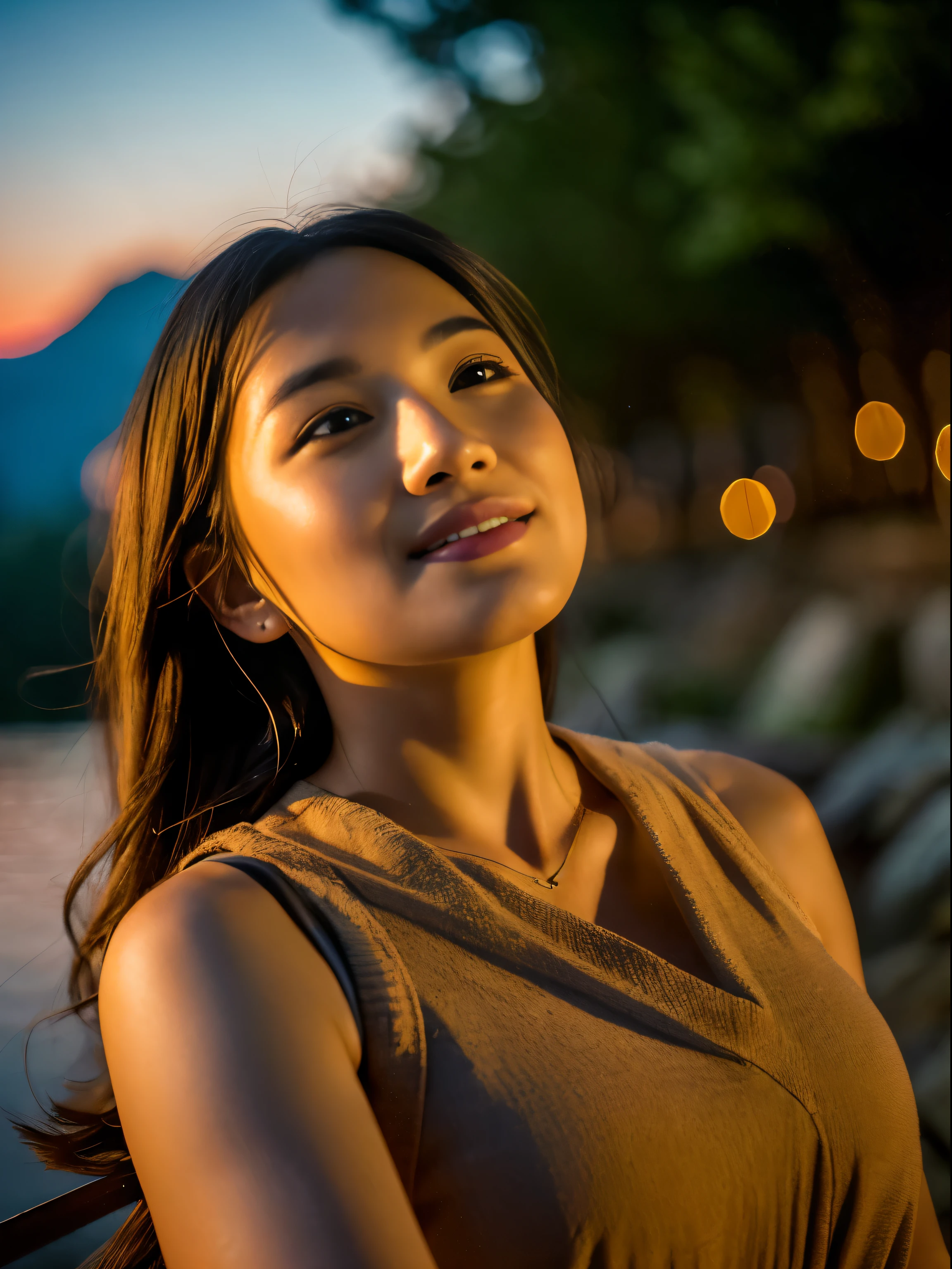 Hummingbird kissing cheek with one beautiful young asian woman ((Upper body selfie, Happy)), masutepiece, Best Quality, Ultra-detailed, ground, plein air, (Night), mountainscape, Nature, (Stars, Moon) Cheerful, Happy, forest, stony, River, Wood, Smoke, shadowy, Contrasty, crystal clear skies, Style, (warm tone, warm tone): 1.2), close-up, Cinematic Light, Side lighting, Ultra High Resolution, Best Shadow, raw, Upper body, realistic Style