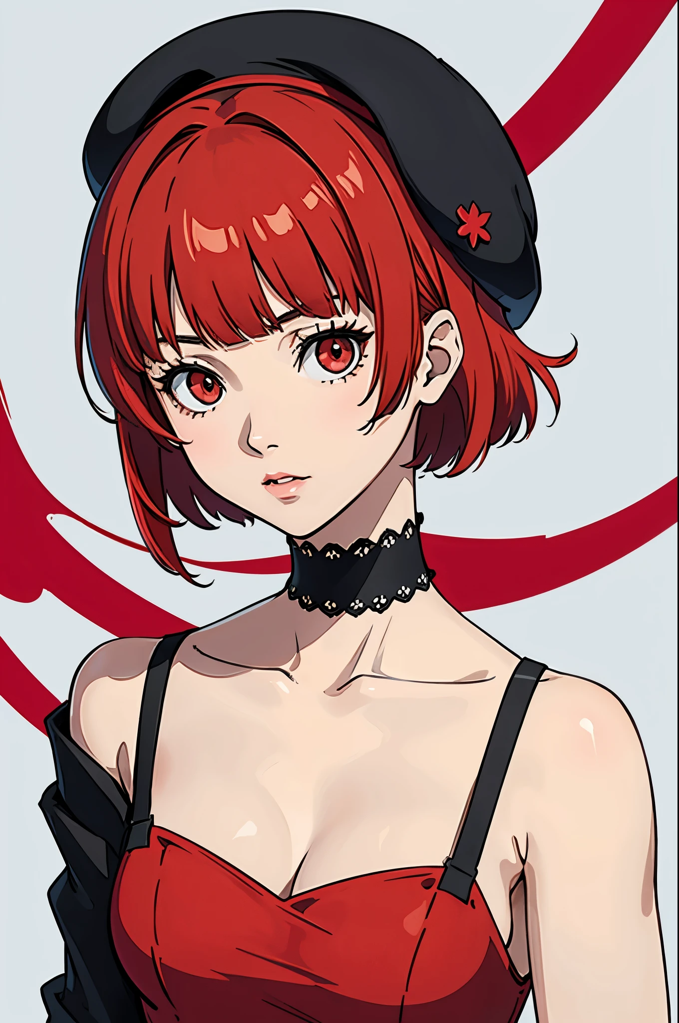 Short_hair, Bangs, Red_hair, blunt_Bangs, bout, Red_Eyes, Beret