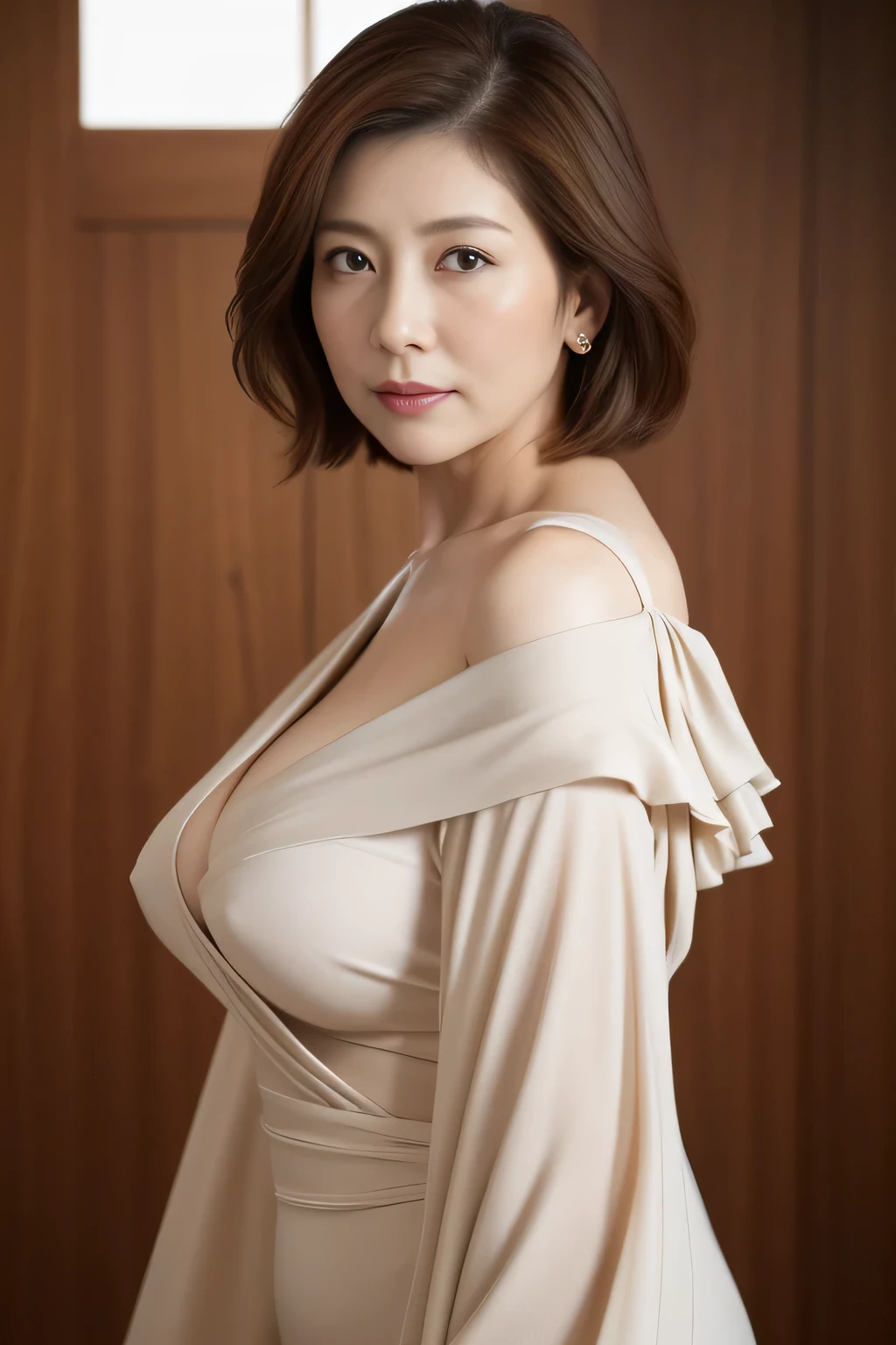 masuter piece, top-quality, masterpiece, hight resolution, Photorealsitic, Raw photography, 8k wallpaper, flawless, profetional lighting, ighly detailed, depth of fields,Pale solid color background, ((Japanese mature woman in her 20s)), chubby figure, Female sexy, Detailed face, beautidful eyes, bangss, large full breasts, Straight light brown hair that reaches to the shoulders, Faint lips, ((stand facing the center of the screen, Staring at the viewer, Serious face)),Business Wear, foot out of frame, Looking at Viewer, cowboy shot