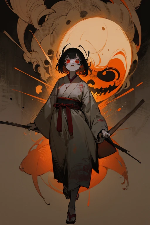 Outline warm color, angle, ((jumpscare)), ((festival)), horrific, scribble, (yokai), (masterpiece), (high resolution), (super delicate), (Clear), full body, warm color, Japanese painting, (snapshot), bugaboo, nightmare, (eerie), (horror elements), Japanese carving, primitive art, old picture scroll style, old staging, Ancient mural style, cartoon style, rough sketch, Crazy illustrations, antique, Dark atmosphere, flat illustration, doll-like face, horror factor, Crazy smile, spooky look, Distinctive hair style, Creative accessories, individualistic atmosphere