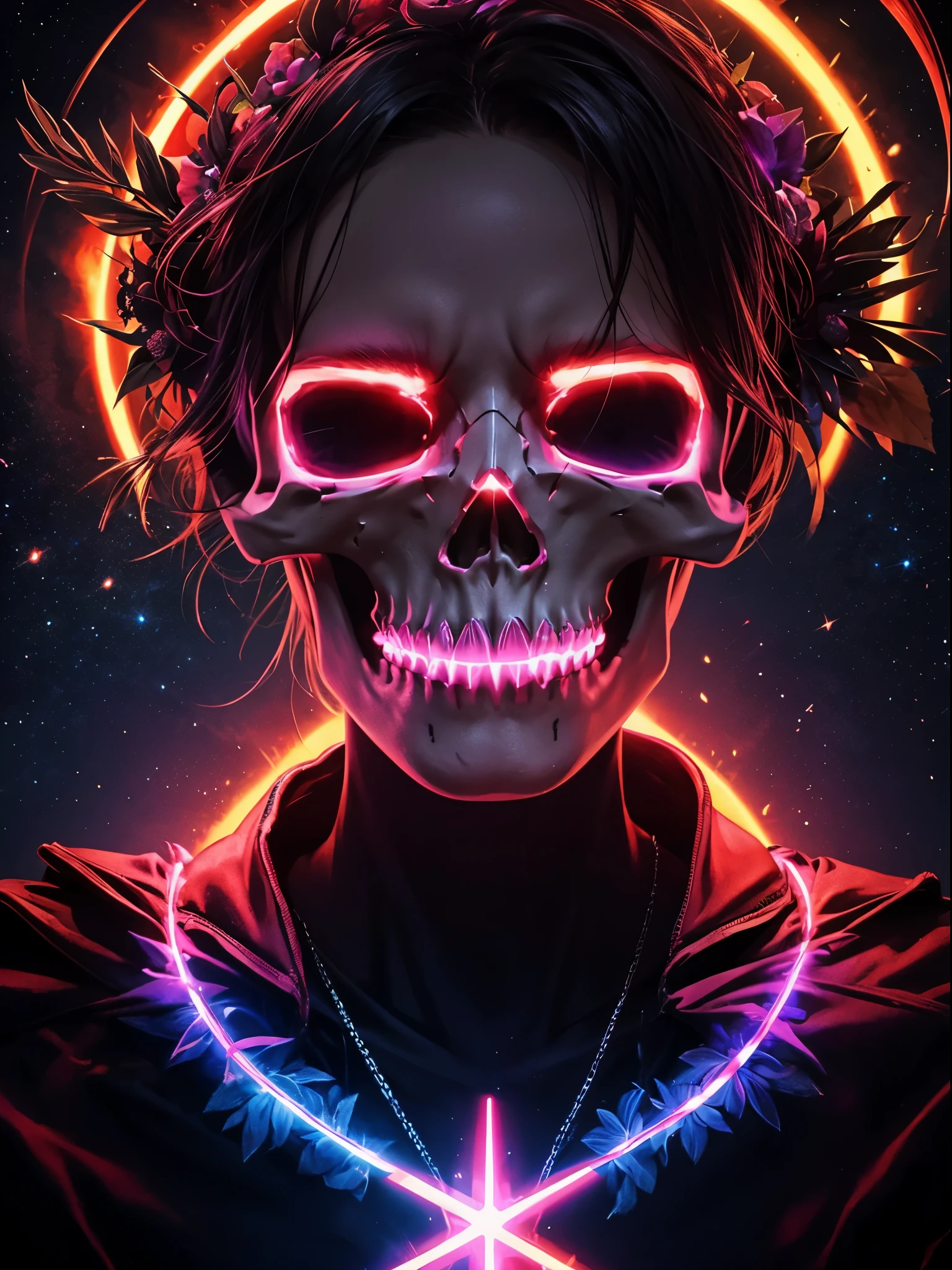 pixelated style,(glowing red,cross-shaped glow,blooming flowers)),interstellar misty background,polished,silver skull,light composition,rainbow,rainbow around the skull,vibrant,various structural power effect illustrations,glorious circular composition,alone,gbaportrait