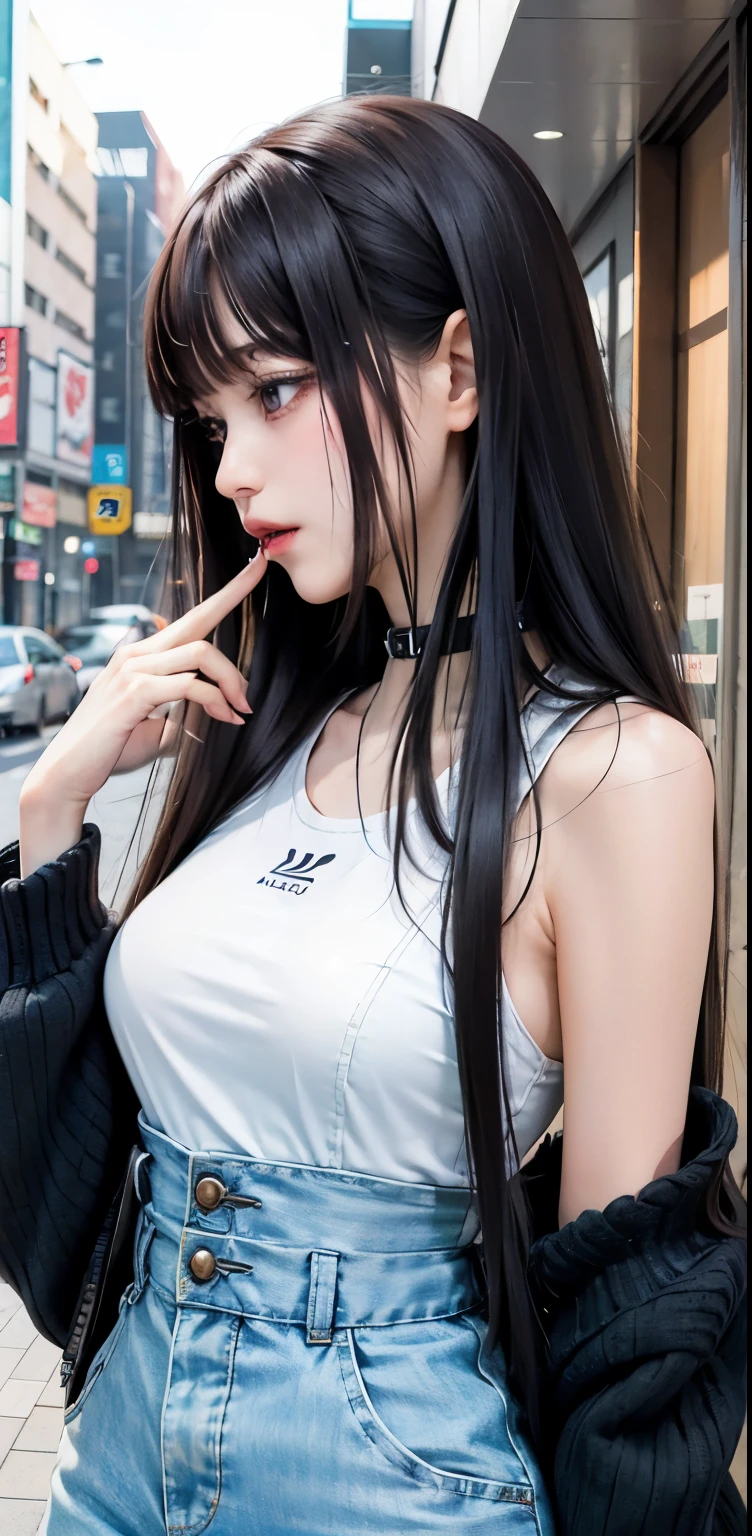 profile photo, Asian Women, In plain clothes、Harajuku、Street fashion、A detailed face、A detailed eye、Detailed skin、enticing eyes 、lean figure、thin-waist、middlebreasts、long legged、view the viewer、art by:sergio lopez, natalie shau, James Jean and Salvador Dali,)