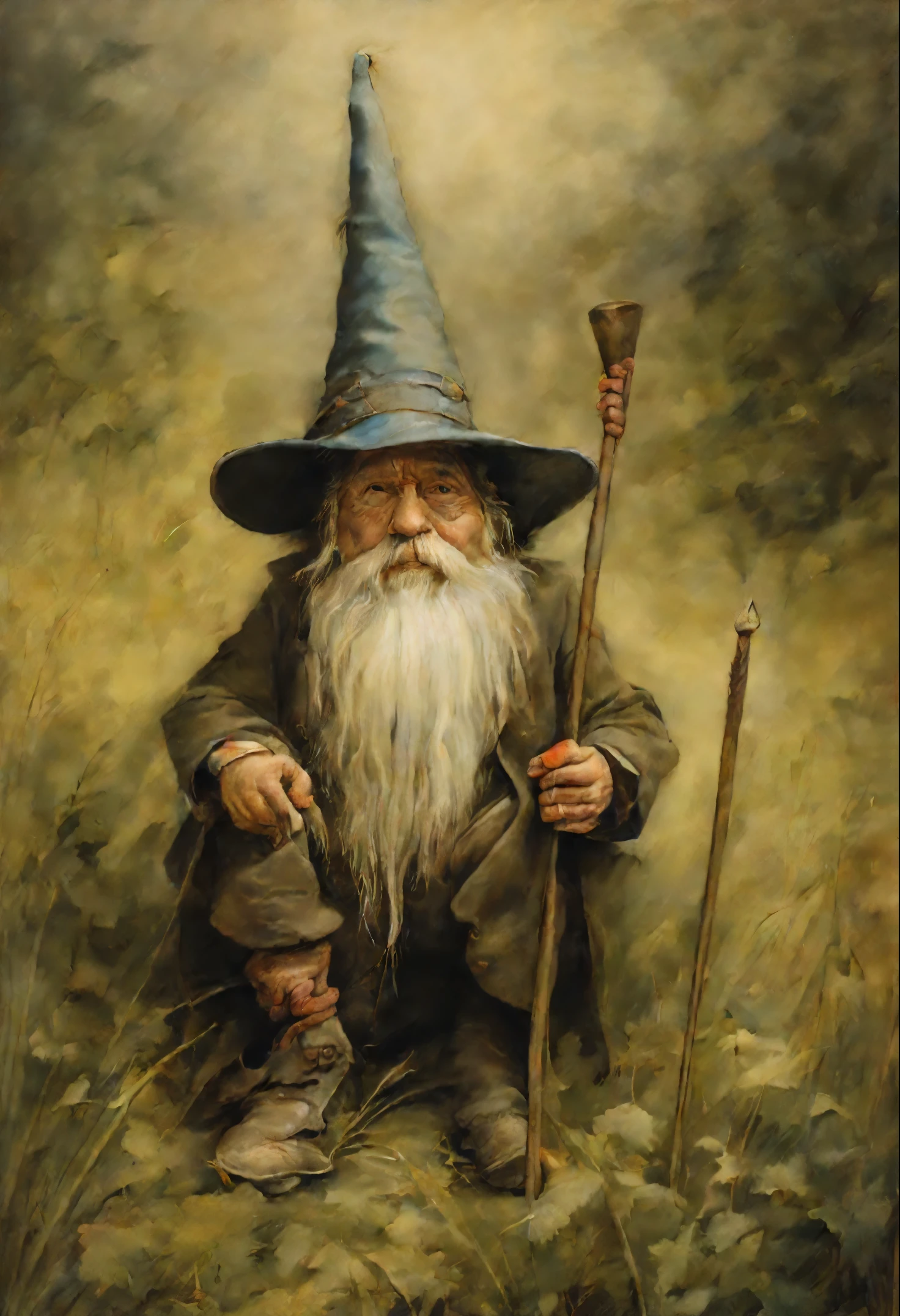 Painting of a man with a hat and cane, sitting in the grass, Brian Froud Juan Jimenez, jean - baptiste monge, portrait of a gnome called eldon, Jean Baptiste monge, Monge Jean-Baptiste Monge, Brian Froude's style, Tony Dieterlizzi, Brian and Wendy Froud