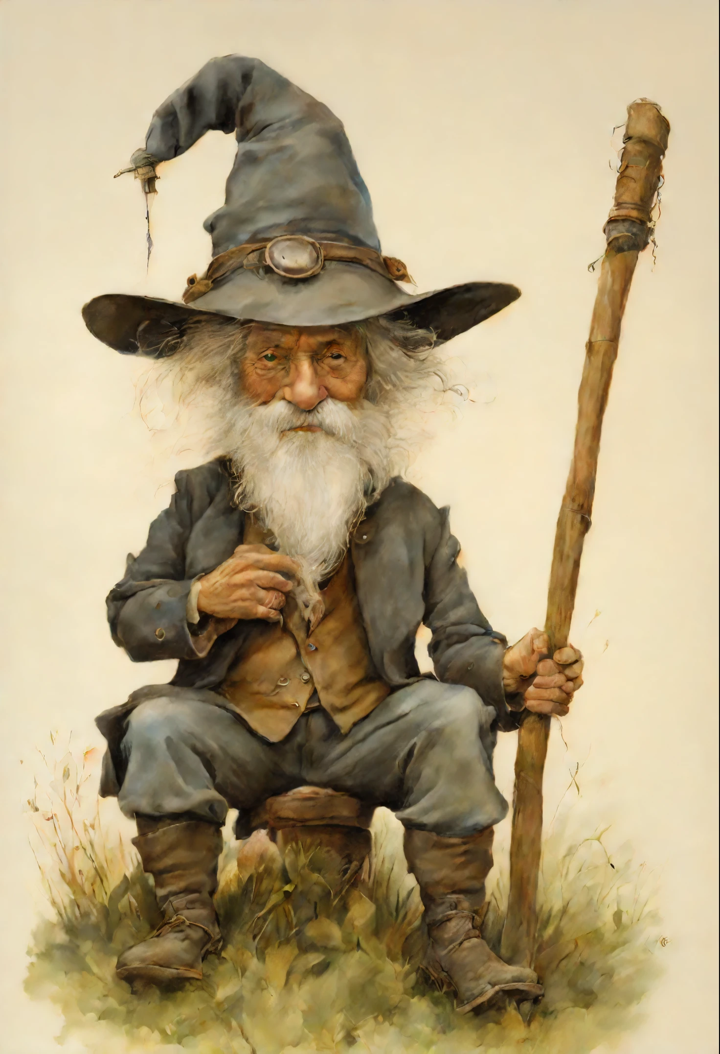 Painting of a man with a hat and cane, sitting in the grass, Brian Froud Juan Jimenez, jean - baptiste monge, portrait of a gnome called eldon, Jean Baptiste monge, Monge Jean-Baptiste Monge, Brian Froude's style, Tony Dieterlizzi, Brian and Wendy Froud