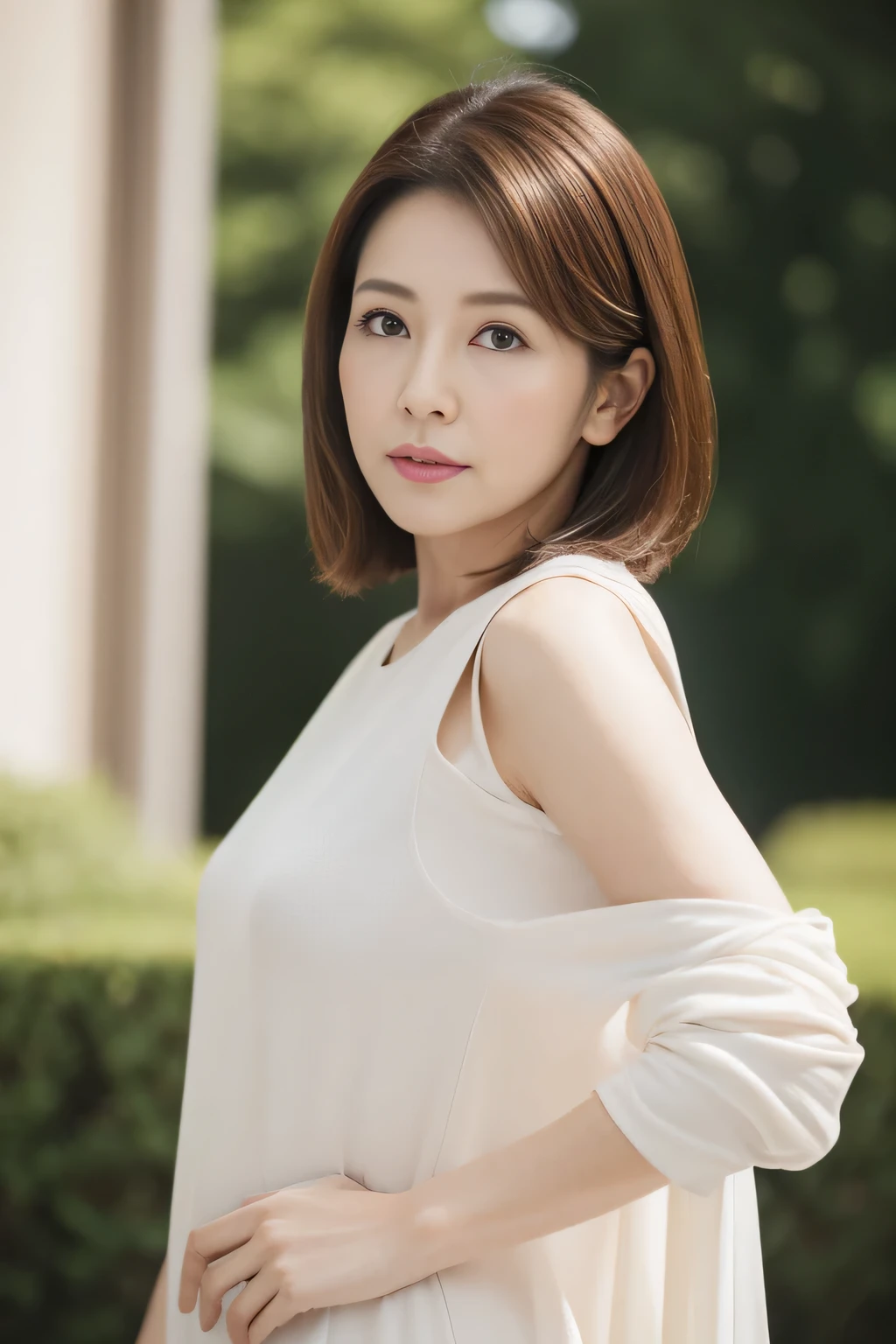 masuter piece, top-quality, masterpiece, hight resolution, Photorealsitic, Raw photography, 8k wallpaper, flawless, profetional lighting, ighly detailed, depth of fields,Pale solid color background, ((Japanese mature woman in her 20s)), chubby figure, Female sexy, Detailed face, beautidful eyes, bangss, large full breasts, Straight light brown hair that reaches to the shoulders, Faint lips, ((stand facing the center of the screen, Staring at the viewer, Serious face)),Business Wear, foot out of frame, Looking at Viewer, cowboy shot