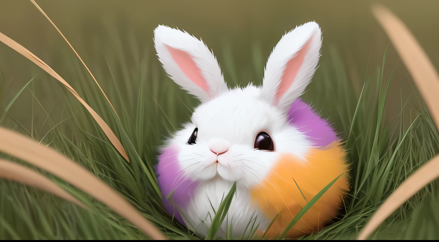 A cute, colorful, beautiful, various colored, puffy rabbit, looking like a colorful hairy ball, hiding in the long grass.