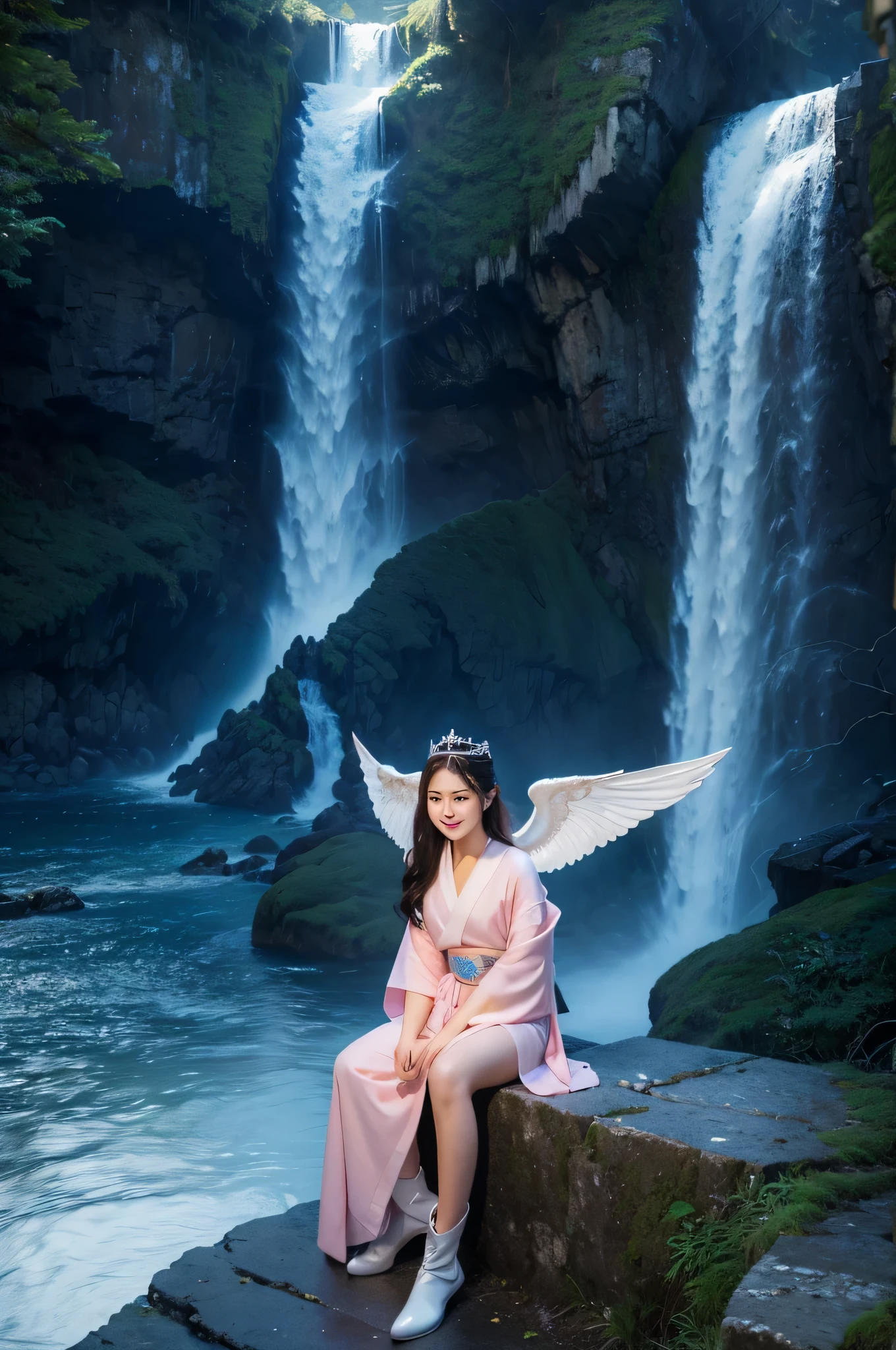 Sitting portrait soft light nature scenery full body first person perspective pixel art super detailed realistic neon glow panorama with wings holding sword wearing crown serene and peaceful  woman asian slim brown smiling casual kimono bracelet boots kissing snowy midnight performing on stage warm shallow color coast cliff waterfall(