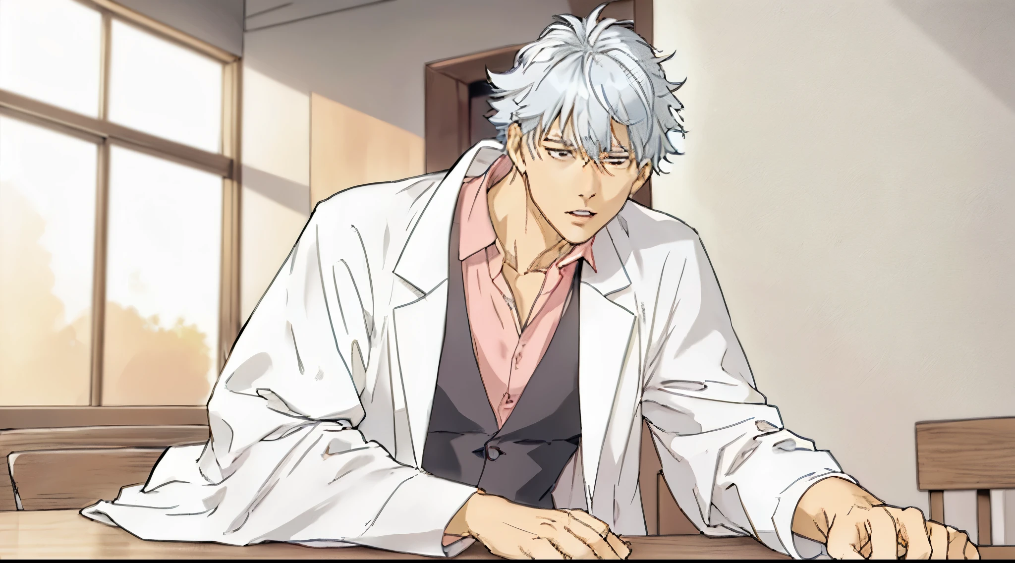silver-haired guy talking to the viewer loudly, his hands placed on a table, he is leaning forward as he speaks to the viewer loudly, his mouth open as he speaks, he is wearing a white lab coat