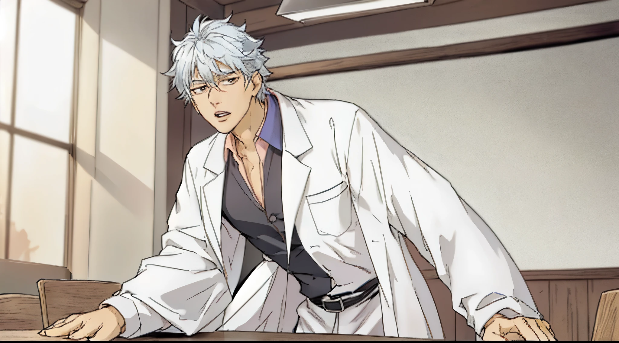 silver-haired guy talking to the viewer loudly, his hands placed on a table, he is leaning forward as he speaks to the viewer loudly, his mouth open as he speaks, he is wearing a white lab coat