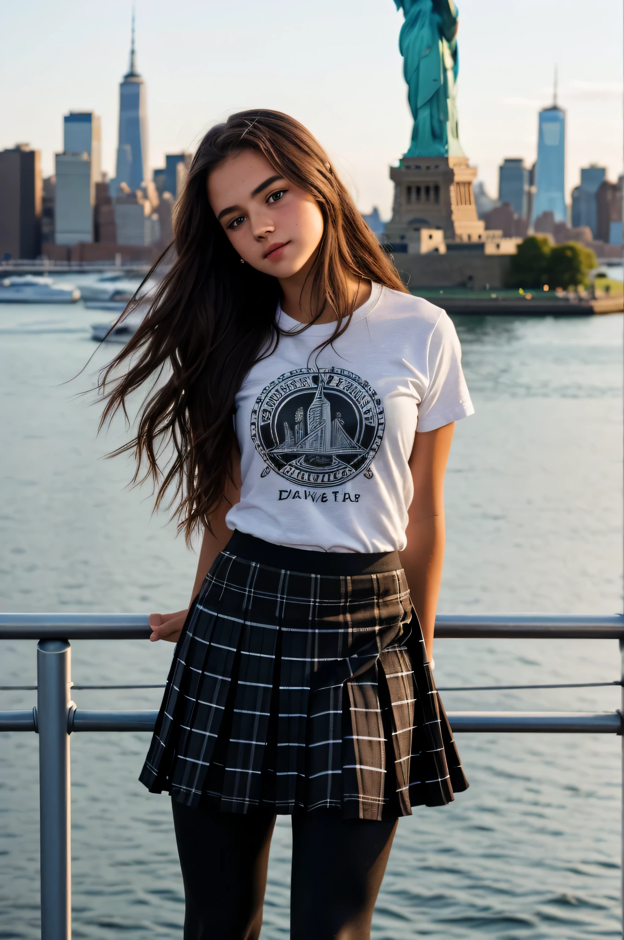 {there is a young girl leaning against a railing overlooking a harbour. she is beautiful, and attractive. she is dressed like an american punk girl. she is wearing a black t-shirt with an anarchy symbol on it, and a checkered pleated skirt. she is wearing black leggings underneath her skirt. her shirt is untucked, and goes down to her waist. she has beautiful long brown hair, and beautiful hazel eyes. she is leaning against a railing overlooking the habour. in the harbour, can see the statue of libery and liberty island in new york. it is the late afternoon.}, {best quality}, {{masterpiece}}, {highres}, {{{8k}}}, extremely detailed girl, {{{caucasian skin}}}, {{{detailed face}}}, {photo-realism}, {{perfect anatomy}}, sharp focus, {{{character{1 girl}}}}, solo, {{{{{sharp focus}}}}}, {{{detailed cloth texture}}}, {{{detailed skin texture}}}, {{{smooth lighting}}}, {{australian decent}}, {{18-years old girl}},