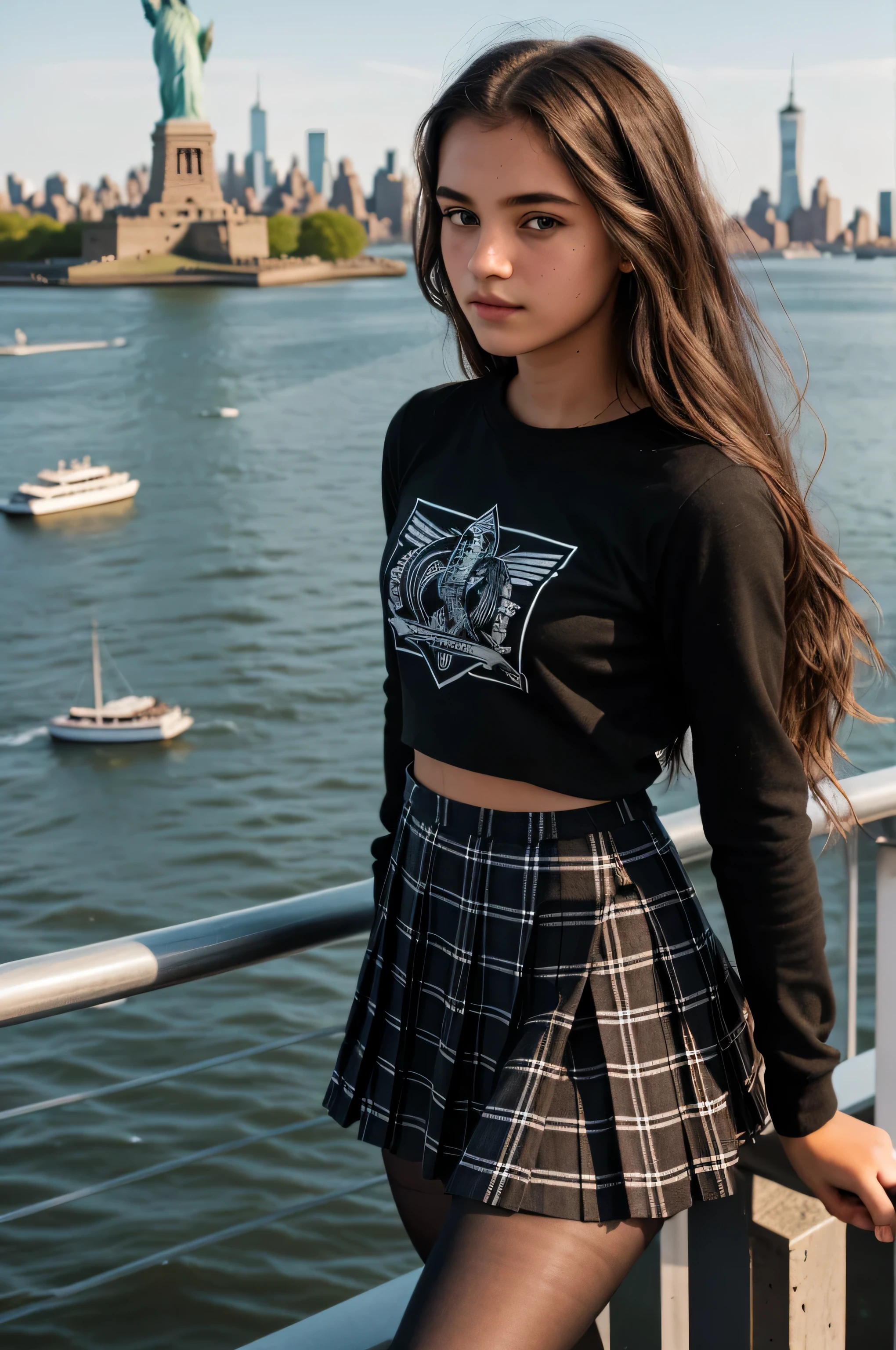 {there is a young girl leaning against a railing overlooking a harbour. she is beautiful, and attractive. she is dressed like an american punk girl. she is wearing a black t-shirt with an anarchy symbol on it, and a checkered pleated skirt. she is wearing black leggings underneath her skirt. her shirt is untucked, and goes down to her waist. she has beautiful long brown hair, and beautiful hazel eyes. she is leaning against a railing overlooking the habour. in the harbour, can see the statue of libery and liberty island in new york. it is the late afternoon.}, {best quality}, {{masterpiece}}, {highres}, {{{8k}}}, extremely detailed girl, {{{caucasian skin}}}, {{{detailed face}}}, {photo-realism}, {{perfect anatomy}}, sharp focus, {{{character{1 girl}}}}, solo, {{{{{sharp focus}}}}}, {{{detailed cloth texture}}}, {{{detailed skin texture}}}, {{{smooth lighting}}}, {{australian decent}}, {{18-years old girl}},
