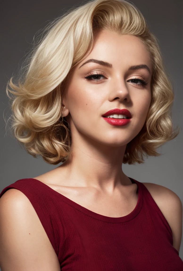 RAW photo, 50 mm, color graded portra 400 film, cinematic colorgrading, frontal full-body shot from high angle, portrait of a ((Marilyn Monroe)) wearing a red shirt, (red slick undercut hair:1.1), she is wearing an (old t-shirt:1.1) and cropped pants, focus on eyes, perfect (grey:0.01) eyes, mascara, highly detailed skin, skin blemish, (textured skin, skin pores:1.2), oiled shiny skin:0.6),(moles:0.8), (imperfect skin:1.1), intricate details, goosebumps, (light freckles:0.3), remarkable detailed pupils, realistic dull skin noise, visible skin detail, skin fuzz, dry skin, (blush:0.5), (goosebumps:0.5), subsurface scattering, 8k, uhd, ultra high quality, dslr, soft lighting, film grain, dark, muted colors, slate atmosphere