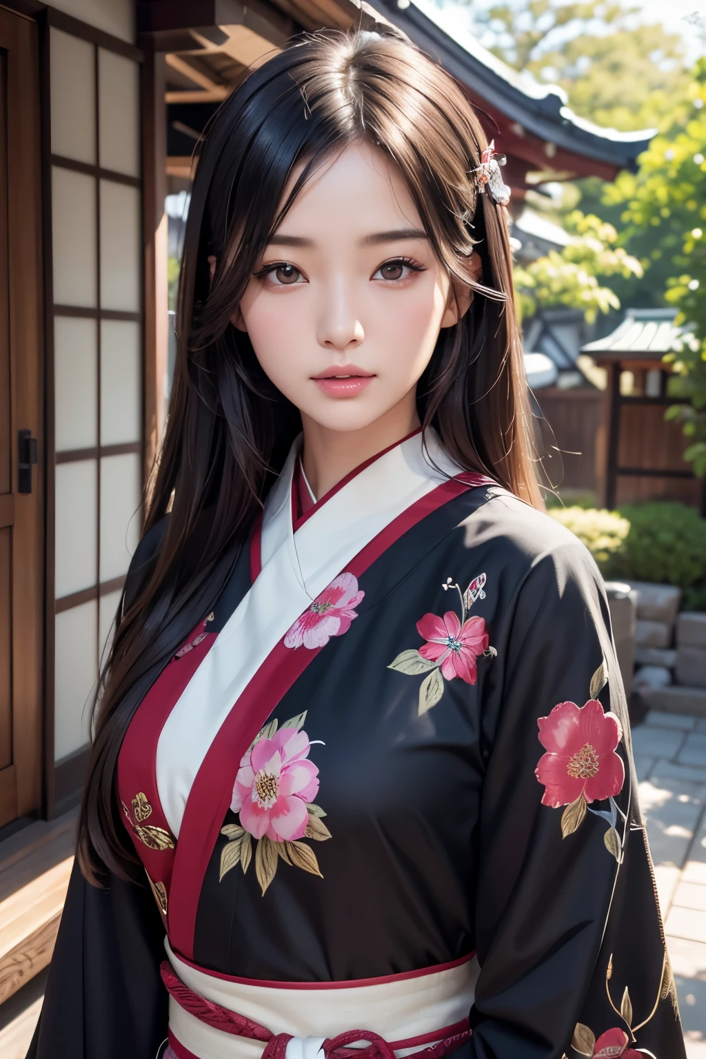 masterpiece, 1 beautiful girls, detaileds, Swollen eyes, top-quality, 超hight resolution, (现实: 1.4), OriginalPhotographs, 1girl in, 电影灯光, (A smile,:0.5) japanes, Asian Beauty, Korean, Proper, very extremely beautiful, Slightly younger face, Beautiful skins, slender, Background of New Year's Shrine, (A hyper-realistic), (illustratio), (hight resolution), (8K), (非常にdetailedeautifully detailed eyes with the best illustrations), (超detaileds), (wall-), (detaileds顔), looking at the viewers, 細かいdetaileds, detailedsな顔、deep-shadows、Unobtrusive、pureerosfaceace_v1、46 points with diagonal straight. furisode、japanese kimono、hair adornments、Black colored eyes、