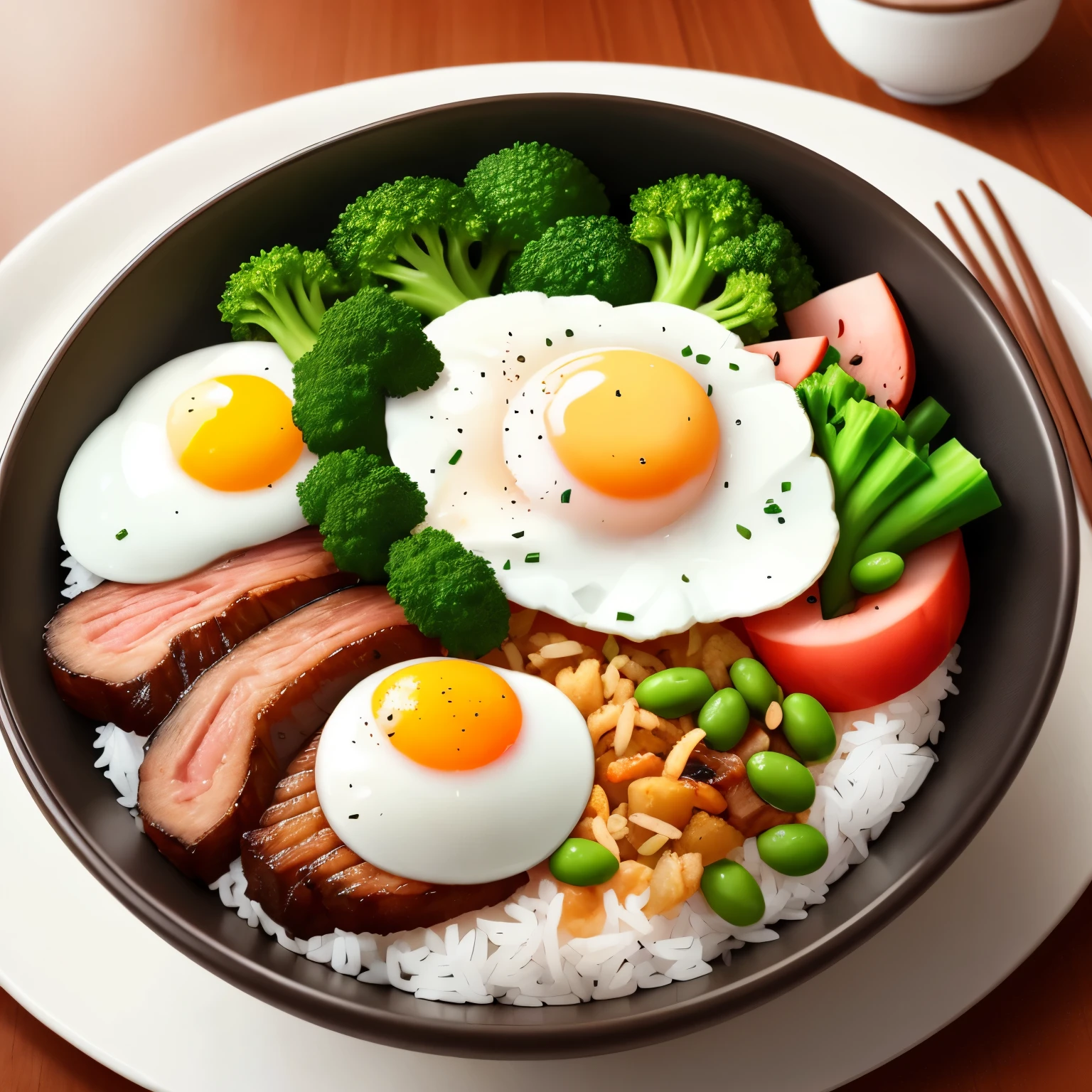 Dog eating, animation, high quality, high resolution, rice bowl, fried egg, braised pork, diced radish, beans, rice, broccoli