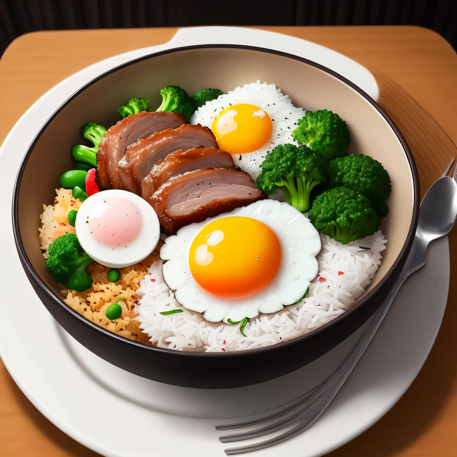 Dog eating, animation, high quality, high resolution, rice bowl, fried egg, braised pork, diced radish, beans, rice, broccoli
