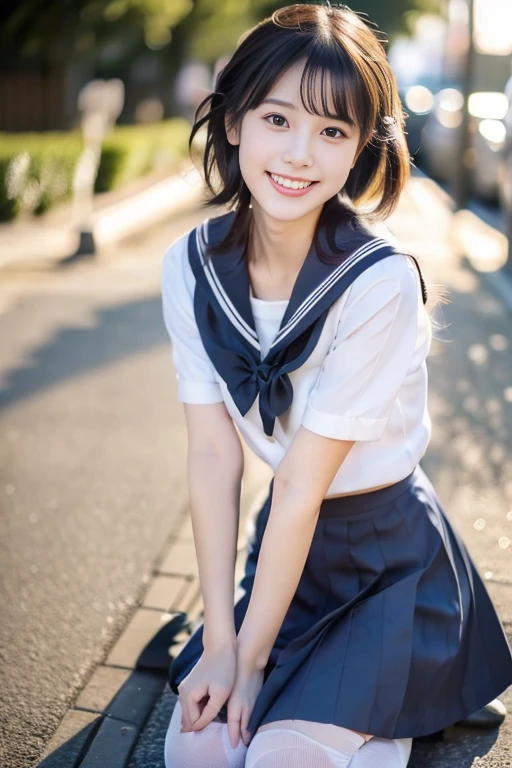 (((​masterpiece))), (((Full body photo,sit with your knees up)))， (One beautiful Japan girl,  Innocence，kawaii) ，超A high resolution, Realistic, ultra-detailliert, 8K,top-quality, Extremely detailed, blurry backround,A slender,very beautiful japanese girl, Detailed face:1.3), (cute short hair，A dark-haired :1.4), (a ，kawaii系,adorable 14 year oPerfect body:1.1),  (Neat sailor suit，Dark blue mini skirt、Dark blue high socks、lowfers), On the sidewalk，Cute and cuddly smile,Show your beautiful teeth,((pantyshot))，Engaging pose，rosy cheeks，Super Detailed Face、Detailed lips、A detailed eye、small gravure idol，Transparent skin、Lolita，japanese hight school uniform，Photorealistic under big buildings:1.37，no-makeup，Neutral Lighting