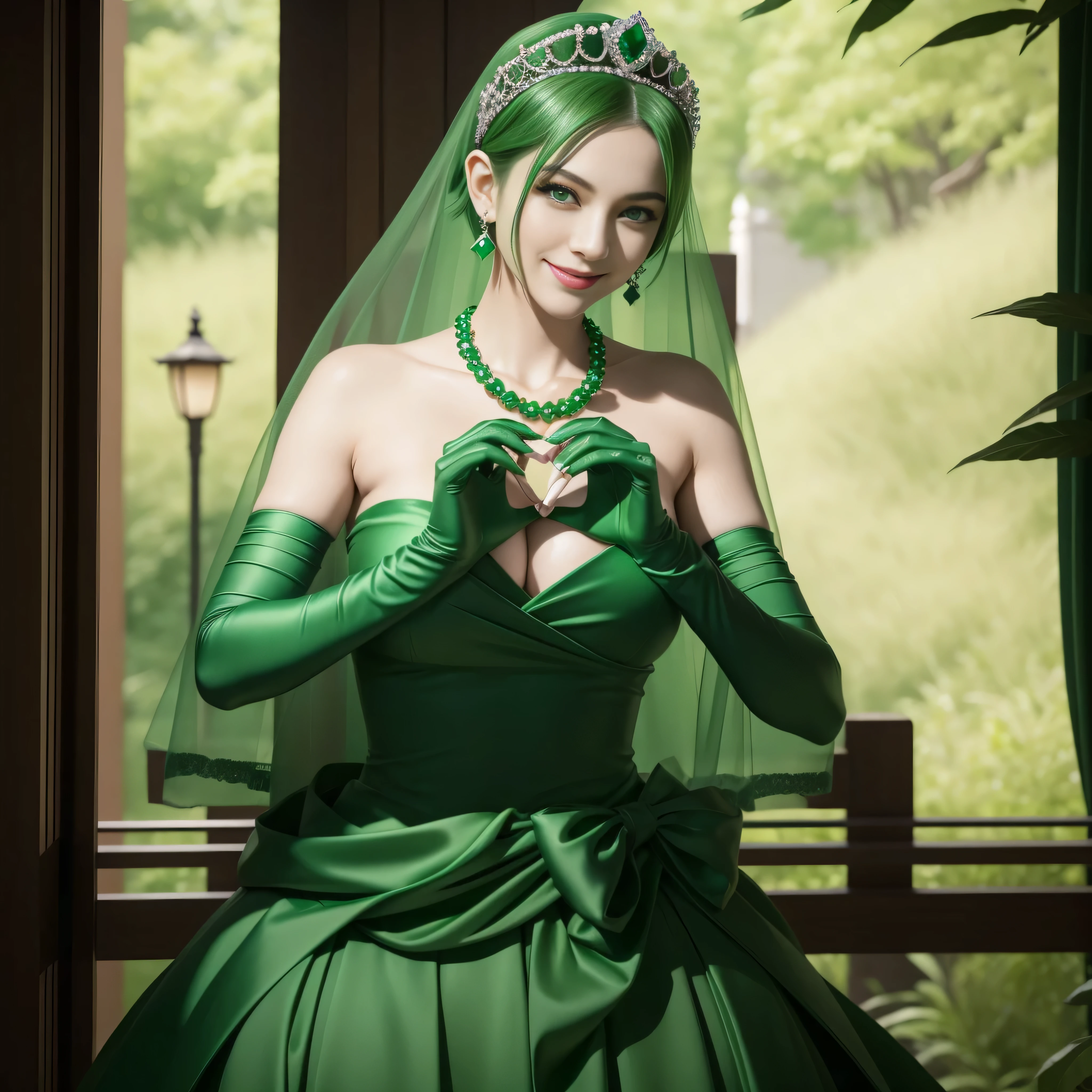 emerald tiara, Green Pearl Necklace, Boyish very short green hair, lipsticks, Japan woman smiling, very short short hair, big breasts beautiful, Green eyes, Long green gloves made of satin material, Green eyes, Emerald Earrings, green vale, 両Heart in the hand, Heart in the hand, Green hair