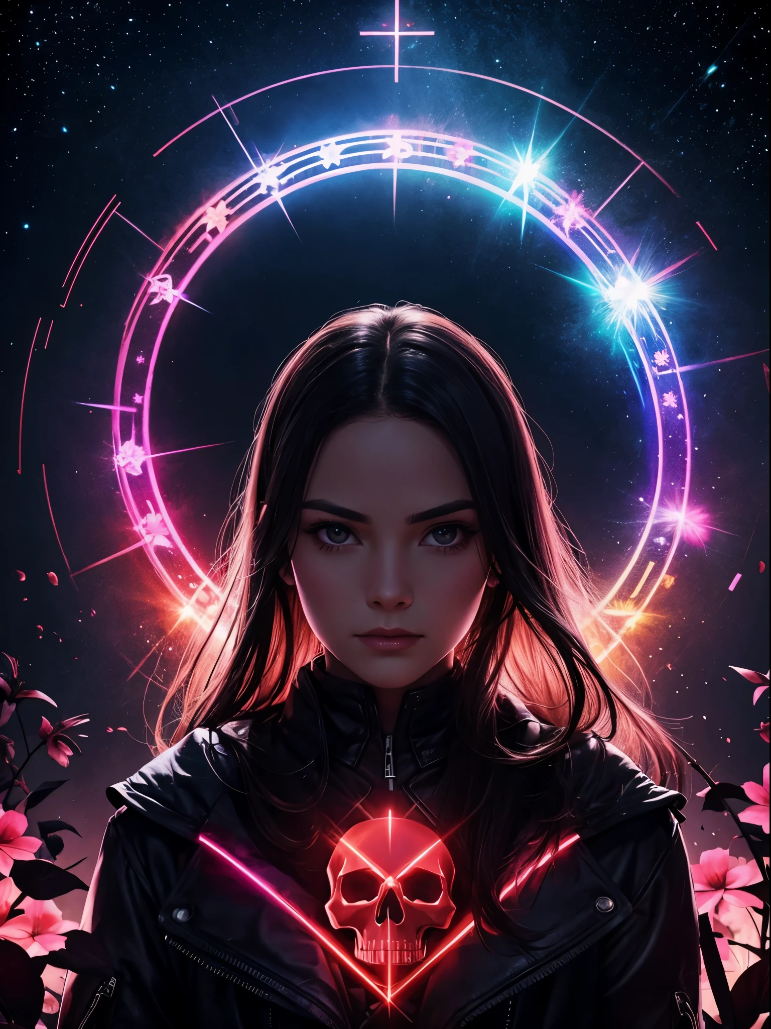 pixelated style,(glowing red,cross-shaped glow,blooming flowers)),interstellar misty background,polished,silver skull,light composition,rainbow,rainbow around the skull,vibrant,various structural power effect illustrations,glorious circular composition,alone,gbaportrait