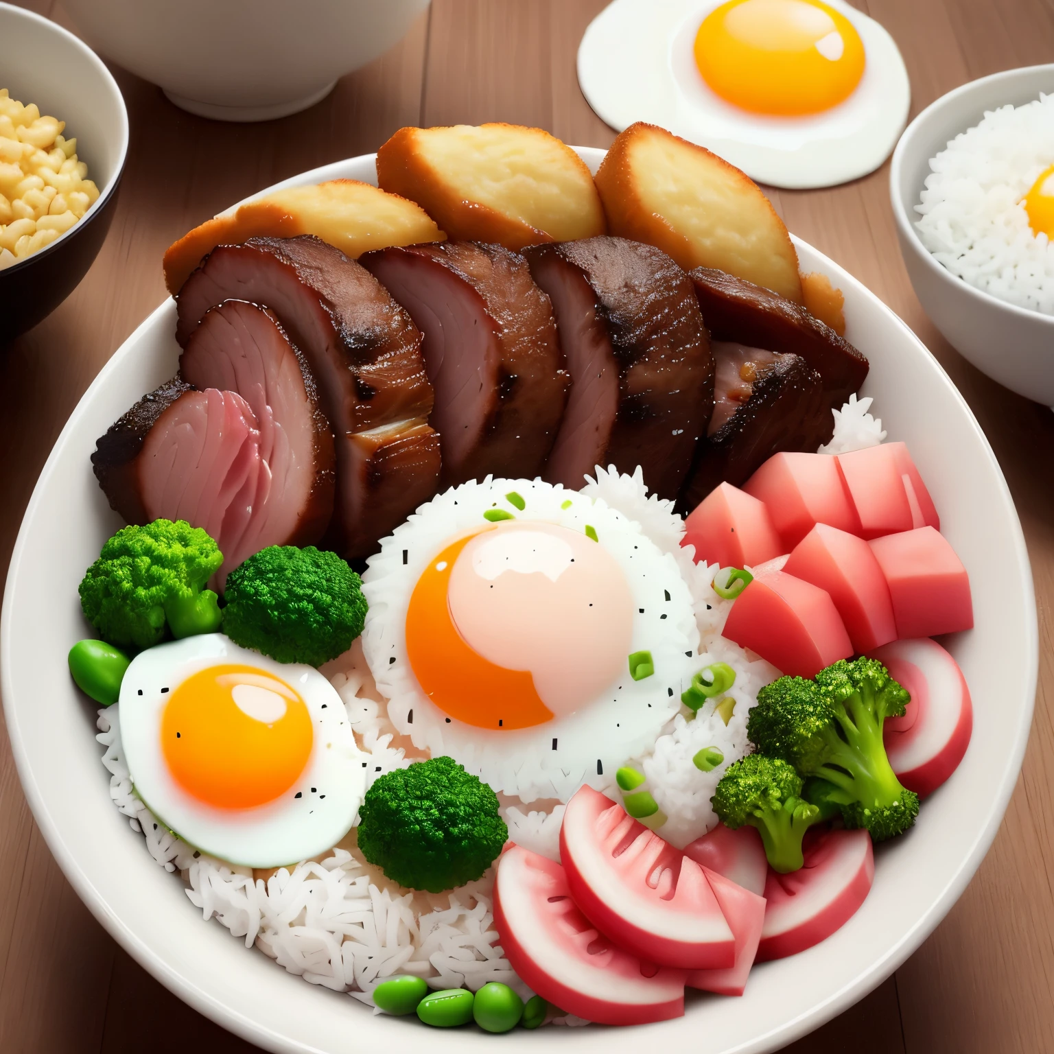 Dog eating, animation, high quality, high resolution, rice bowl, fried egg, braised pork, diced radish, beans, rice, broccoli