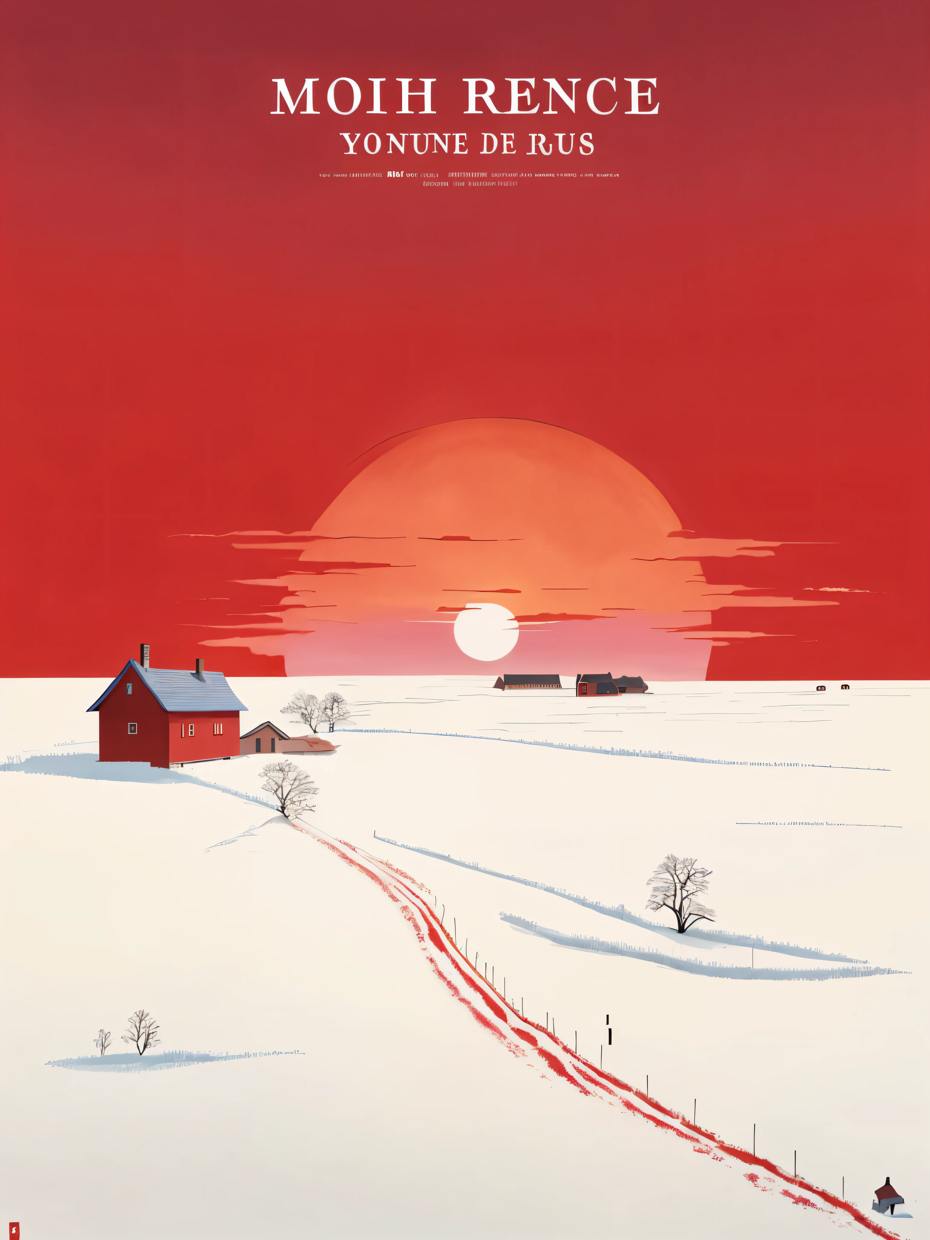 Franco-German image with red sky,There is a lonely house in the middle, inspired by roger deakins, beautiful cinematic poster, (Yuki), Inspired by Kawase Rensui, in roger deakins style, Inspired by Jakub Skaneder, Inspired by jiff machino, Inspired by Kawase lotus water, by Cheng Jiasui, Poster illustration