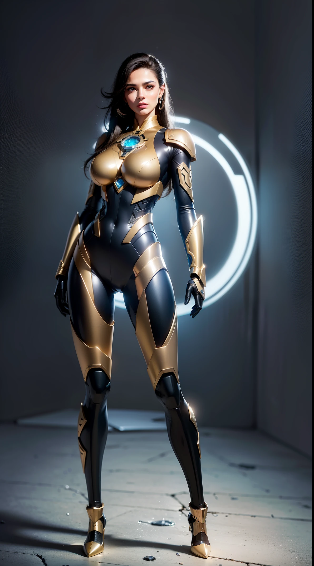 (8k, Mejor calidad, Trabajo: 1.2) Chica elegante, Una chica con pechos grandes, Retrato de cuerpo entero, cybernetic armor, full body mechanic, Ojos azul cielo, Mecanismo de estilo agradable, Muy detallado, realista, negro y dorado, Piernas hermosas