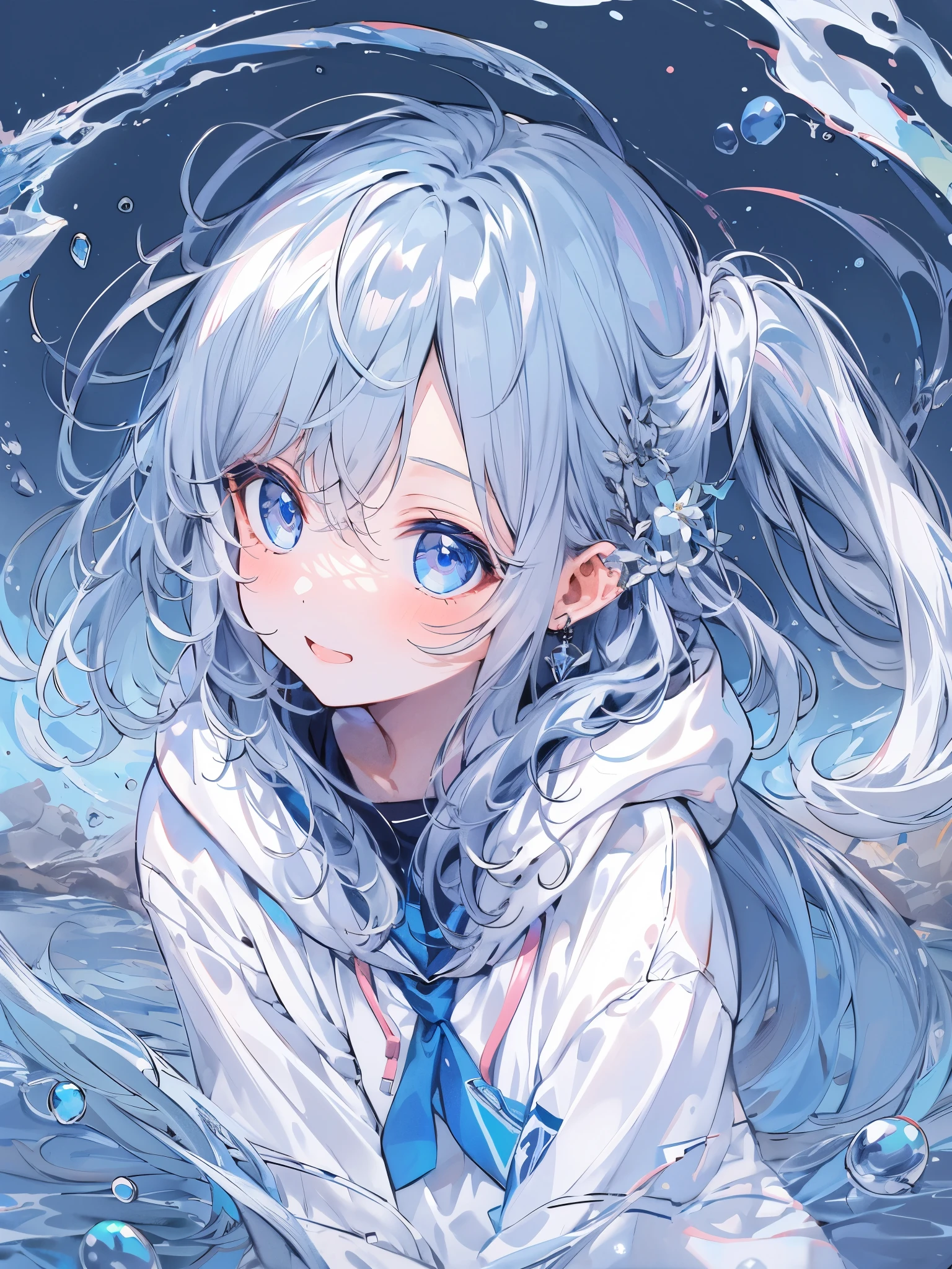 ((top-quality)), ((masterpiece)), ((ultra-detailliert)), (Extremely delicate and beautiful), girl with, report, cold attitude,((White hoodie)),彼女はwith theても(relax)with the(Settled down)Looks,depth of fields,Evil smile,Bubble, under the water, Air bubble,Underwater world bright light blue eyes,明るい白髪with the水色の先端を持つインナーカラー,,,,,,,,,,,,,,,,,,,,,,,Cold background,Bob Hair - Linear Art, shortpants、knee high socks、White uniform like school uniform、Light blue ribbon ties、Clothes are sheer、The hand in my right pocket is like a sapphire,Fronllesse Blue, A small blue light was floating、fantastic eyes、selfy,Self-shot、Bangs fall on the eyes, give a sexy impression.