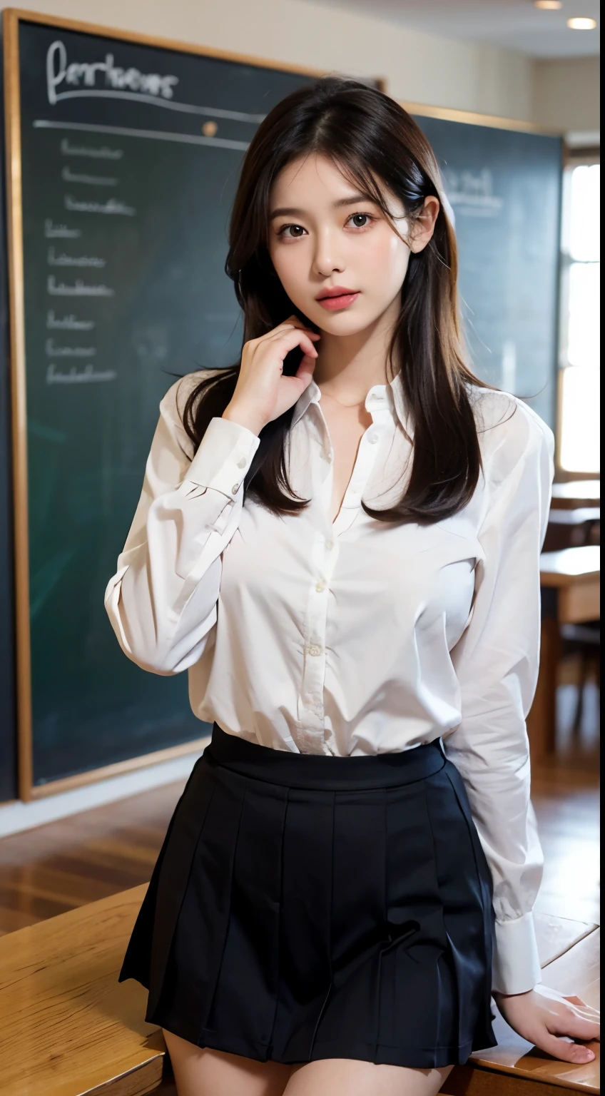 ((1 girl)), ((Best quality at best)), (ultra - detailed), (extremely detaild的 CG unified 8k wallpapers), The is very detailed, High-definition RAW color photo, professional photoshooting, ((Beautiful big breasts)), Peanut butter brown hair, amazing face and eyes, a pink eyes, (Very beautiful girl), schools, (Open-chest school uniform), (ssee-through:1.2), Camel toes, sitted, (pair),