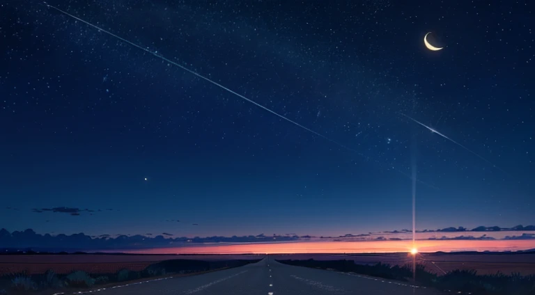 A deserted early morning country road, back-view, Actual description, ultra-definition, clear skies, moon, glinting stars