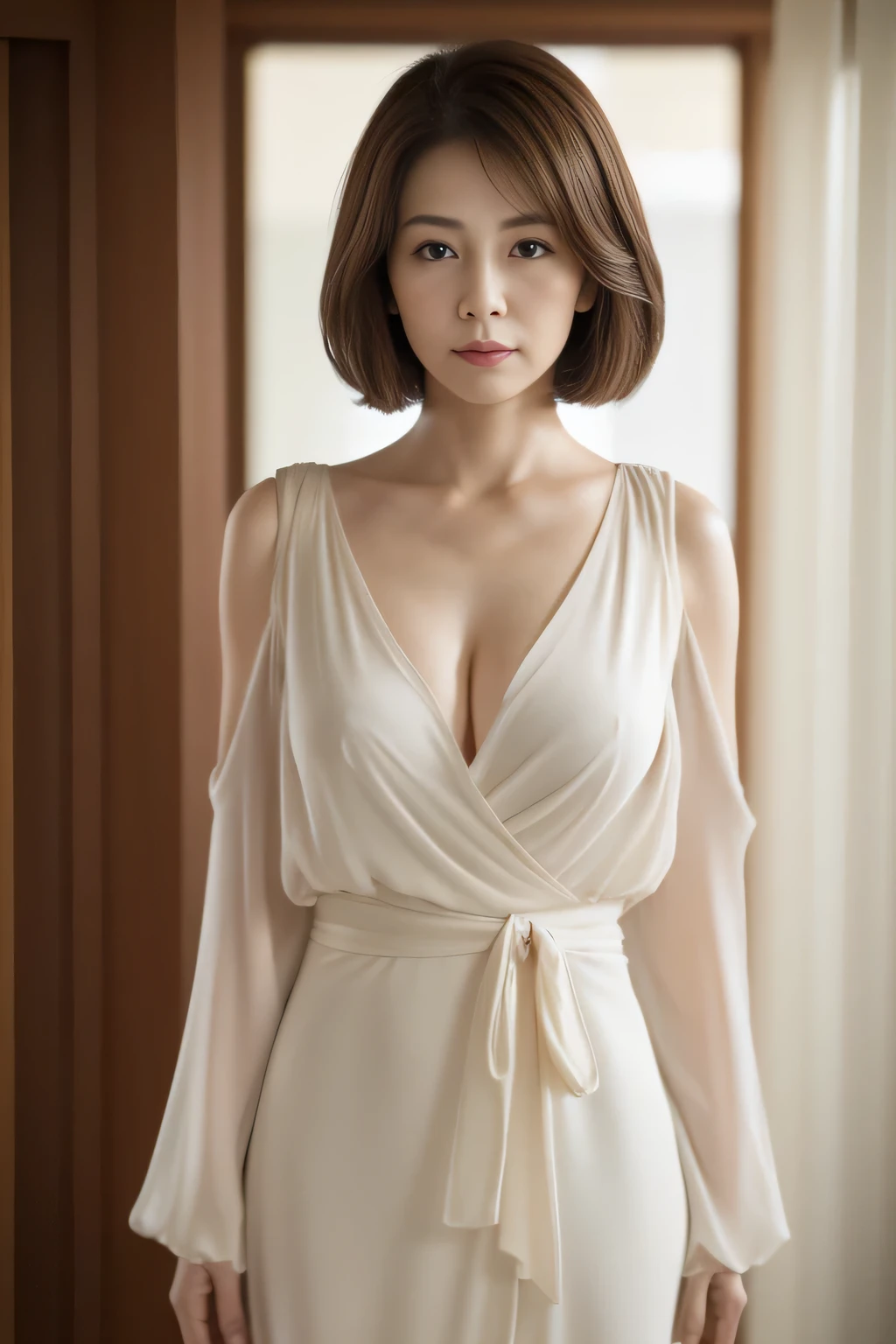 masuter piece, top-quality, masterpiece, hight resolution, Photorealsitic, Raw photography, 8k wallpaper, flawless, profetional lighting, ighly detailed, depth of fields,Pale solid color background, ((japanese mature )), chubby figure, Female sexy, Detailed face, beautidful eyes, bangss, large full breasts, Straight light brown hair that reaches to the shoulders, Faint lips, ((stand facing the center of the screen, Staring at the viewer, Serious face)),Business Wear, foot out of frame, Looking at Viewer, cowboy shot
